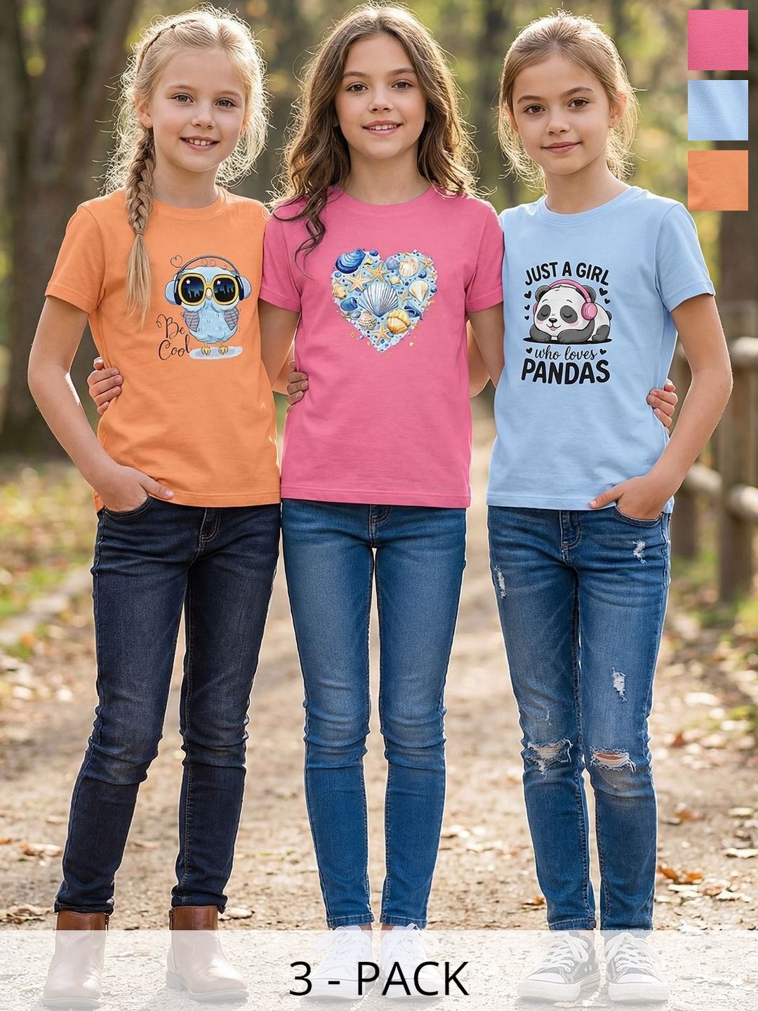HELLCAT Girls Pack Of 3 Printed Round Neck Regular Fit T-shirt-picture-40