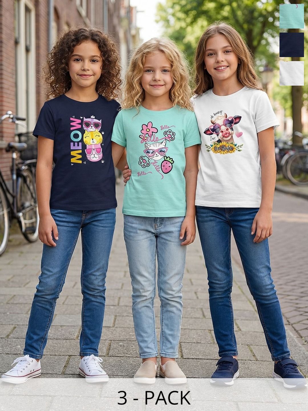 HELLCAT Girls Pack Of 3 Graphic Printed Round Neck Regular Fit T-shirts-picture-19