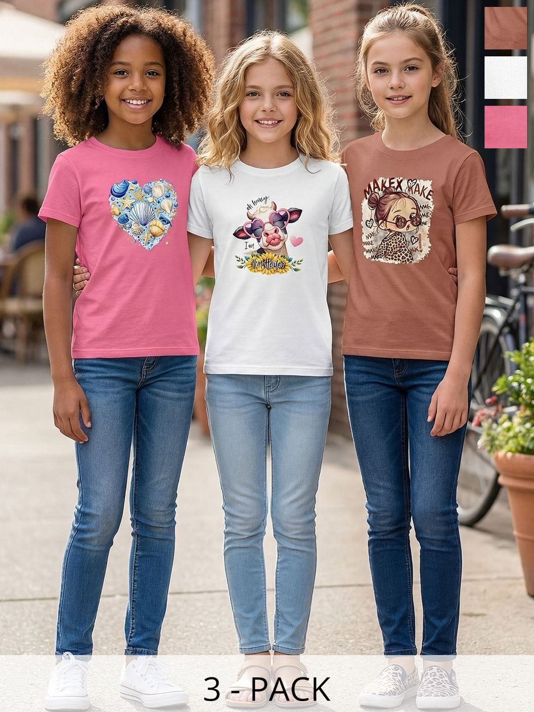 HELLCAT Girls Pack Of 3 Printed Round Neck Tshirts-picture-39