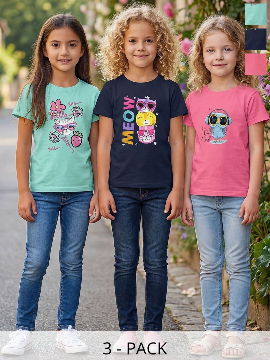 HELLCAT Girls Pack Of 3 Graphic Printed Round Neck Tshirts-image-19