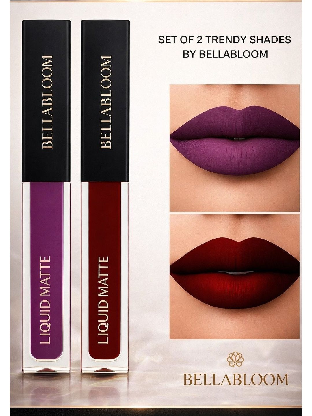 BELLABLOOM Set Of 2 Long-Lasting Matte Liquid Lipstick - 3 ml Each - Dark Maroon - Purple-image-20