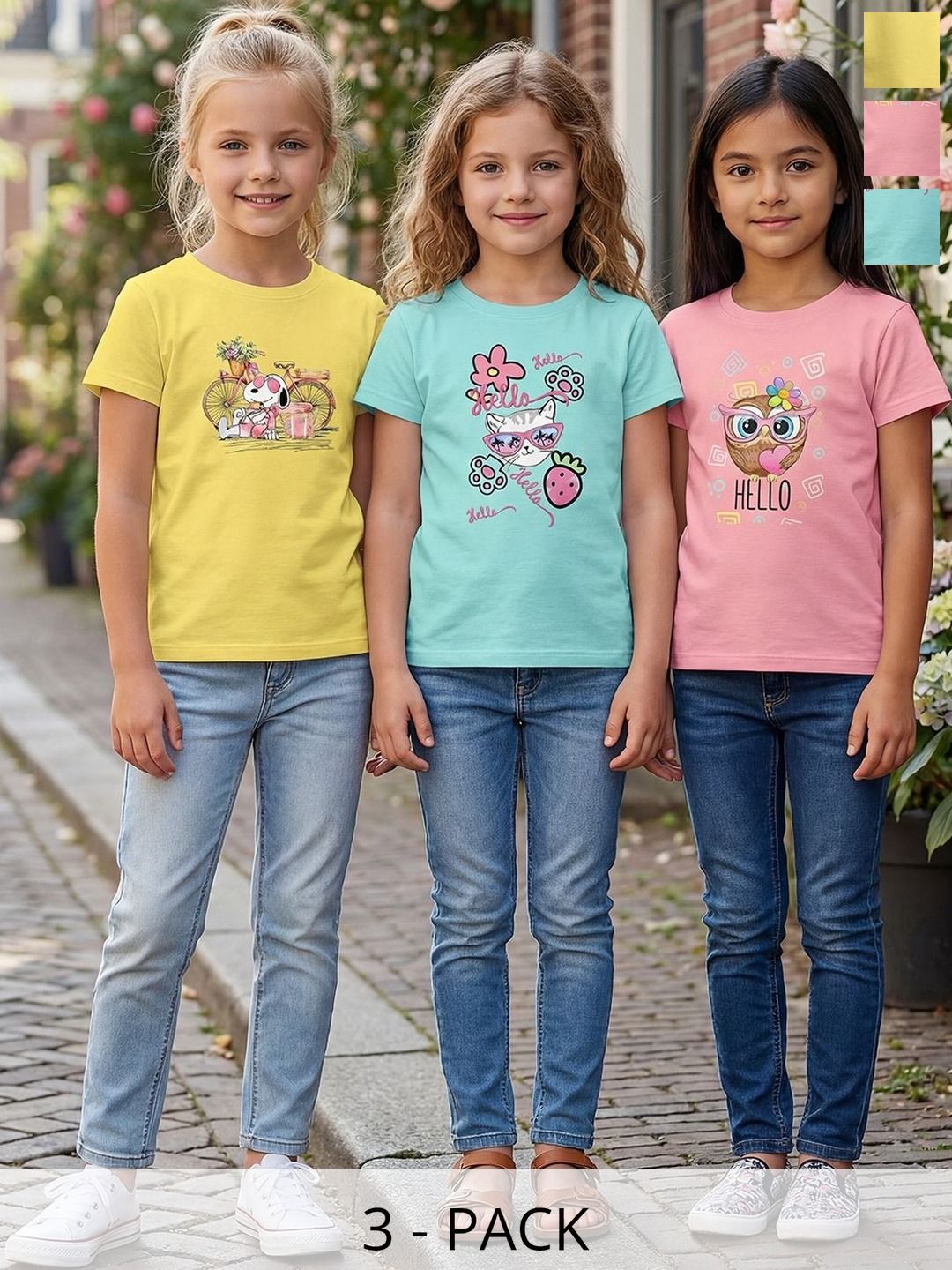 HELLCAT Girls Pack Of 3 Printed Round Neck Regular Fit T-shirt-picture-22