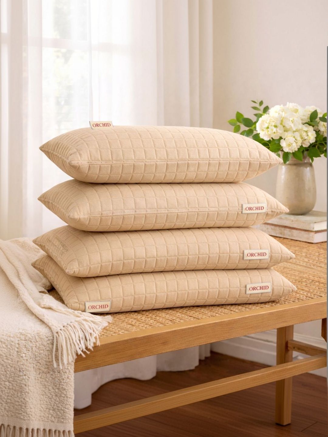 Orchid Pillows Cream-Coloured Set of 4 Fibre Filled Cotton Ultra Soft Sleep Pillow-image-35