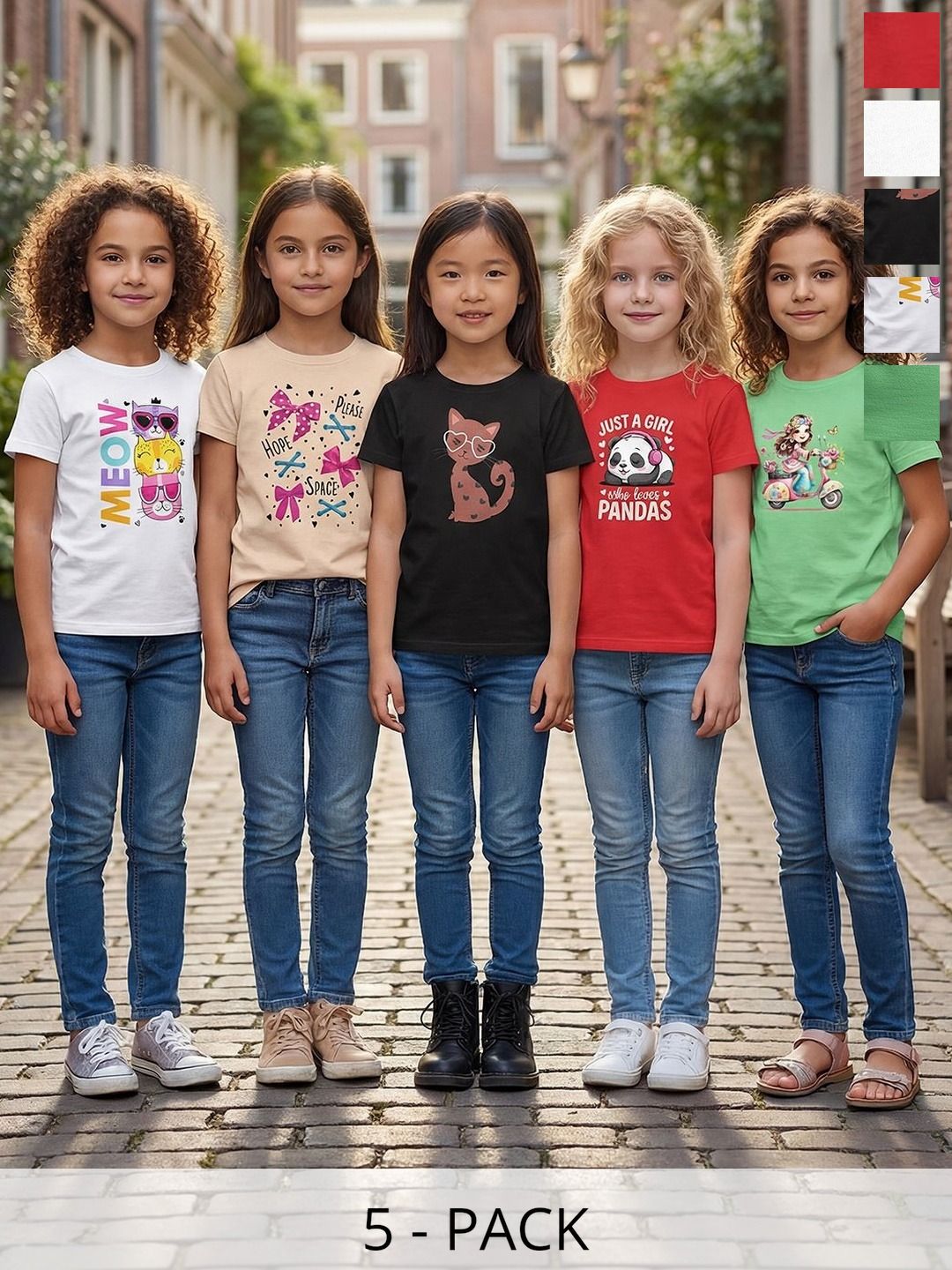 HELLCAT Girls Pack Of 5 Graphic Printed Round Neck Tshirts-image-46