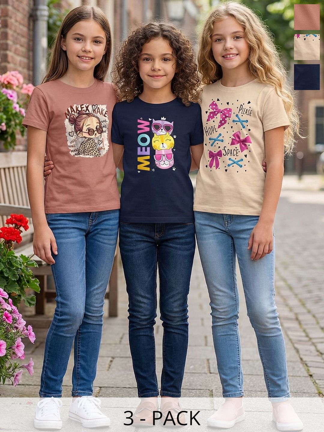 HELLCAT Girls Pack Of 3 Printed Round Neck Regular Fit T-shirt-picture-30