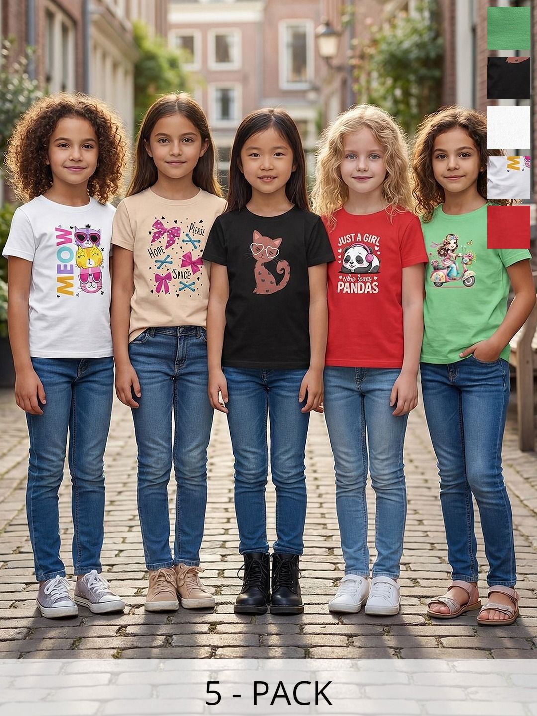 HELLCAT Girls Pack Of 5 Graphic Printed Round Neck Tshirts-image-48