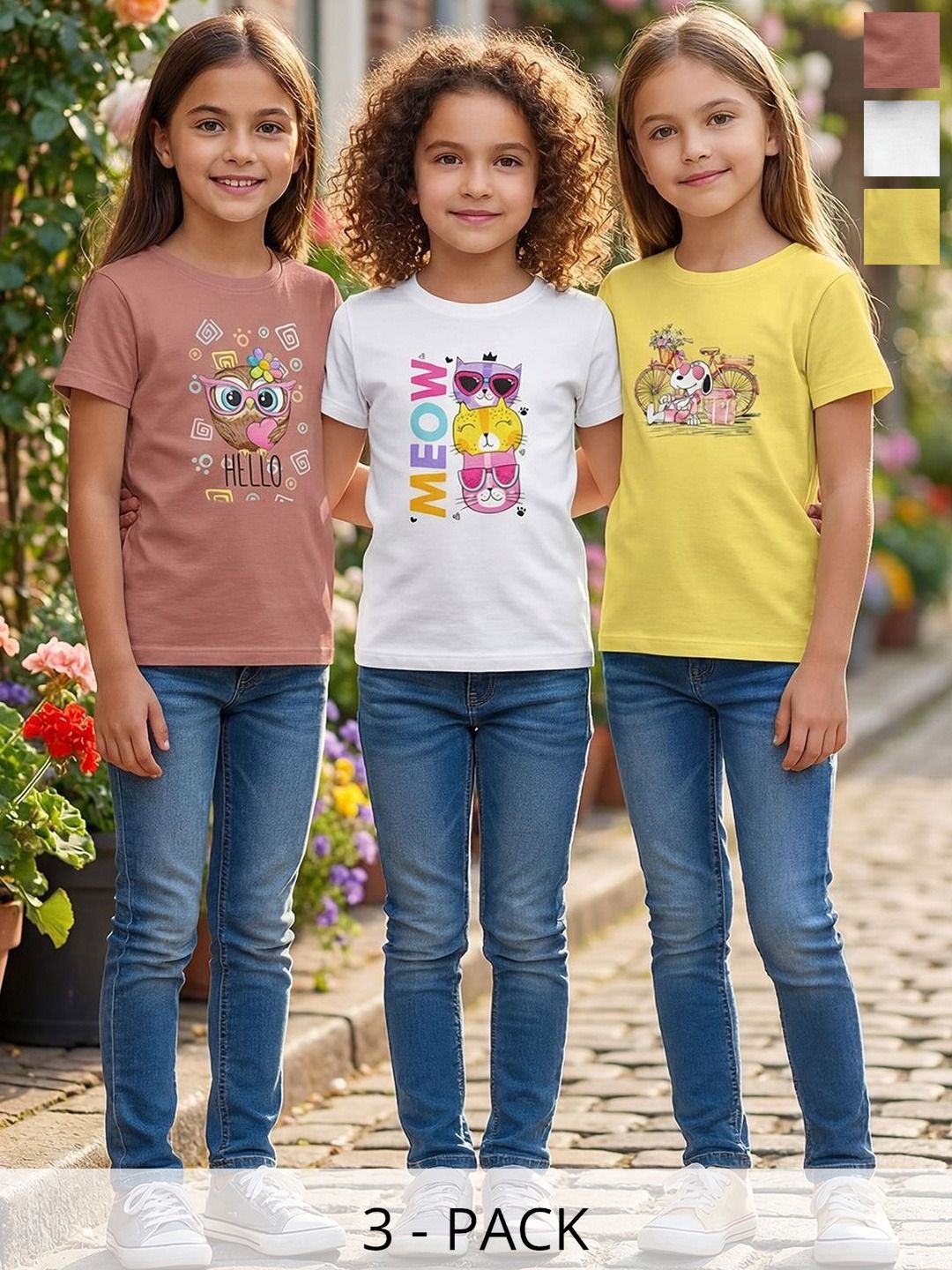 HELLCAT Girls Pack Of 3 Printed Round Neck Regular Fit T-shirt-picture-28