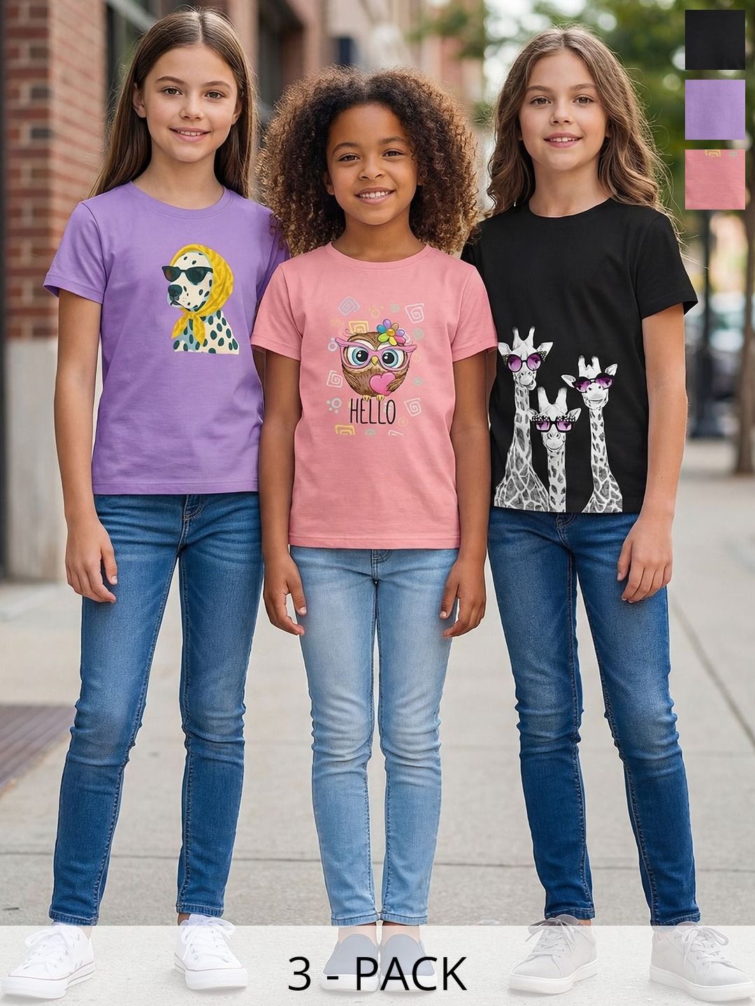 HELLCAT Girls Pack Of 3 Graphic Printed Round Neck Regular Fit T-shirts-picture-18