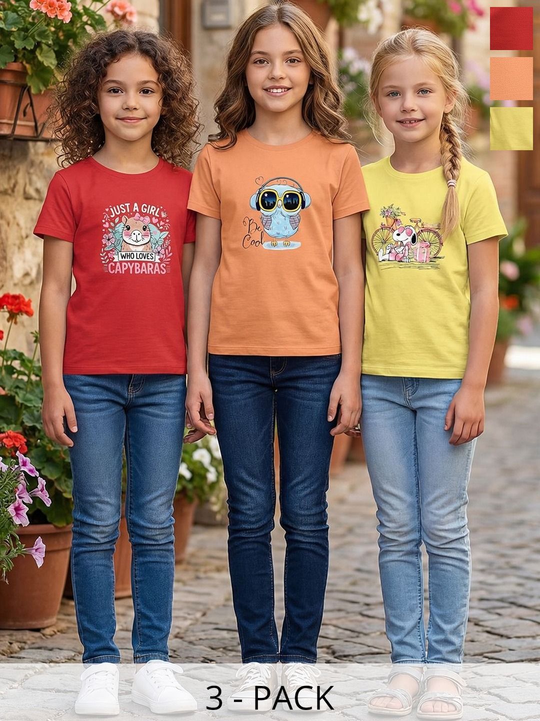HELLCAT Girls Pack Of 3 Printed Round Neck Tshirts-picture-30