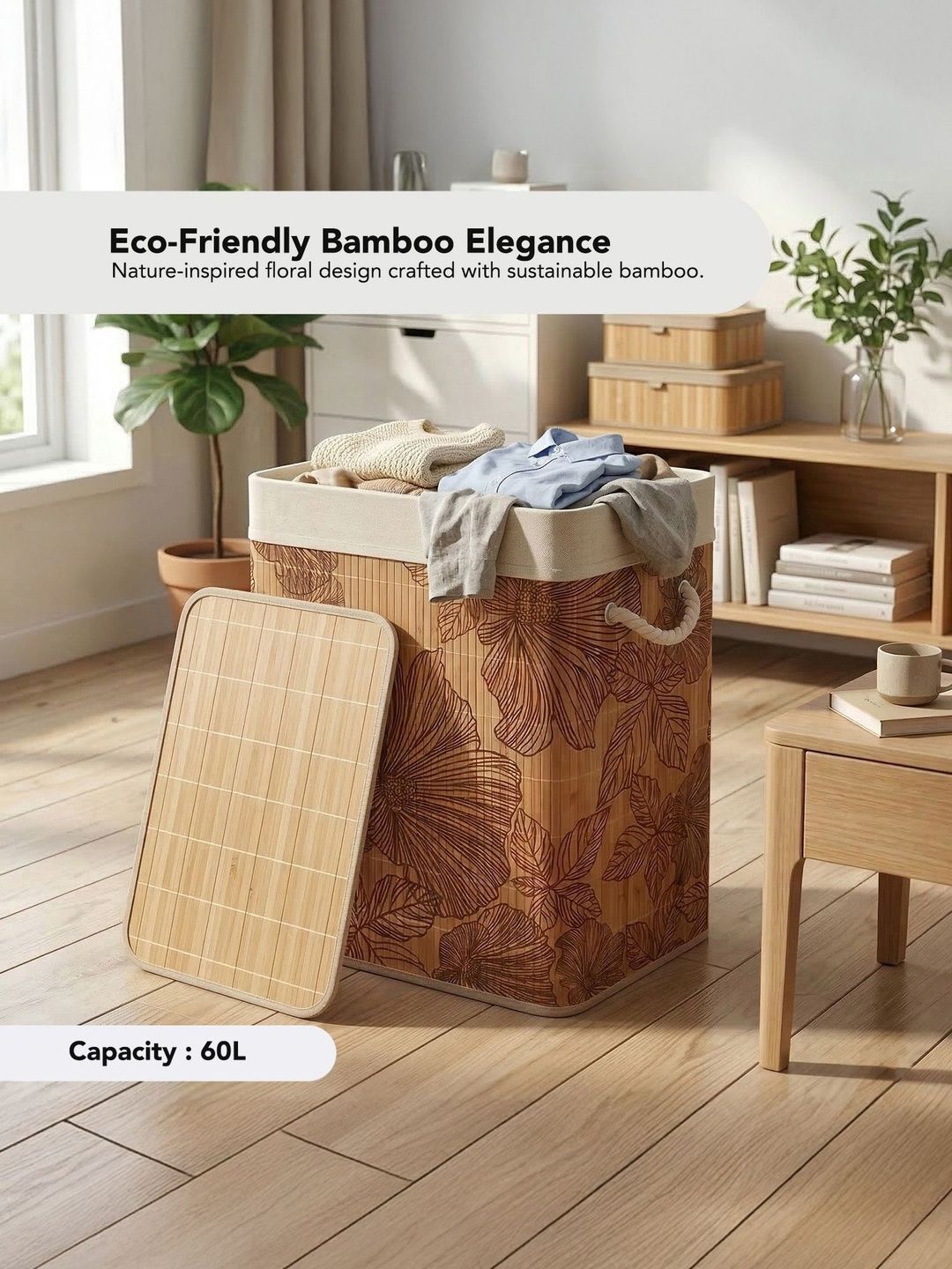 Ekhasa Brown & White Foldable Laundry Basket With Lid-60L-image-23