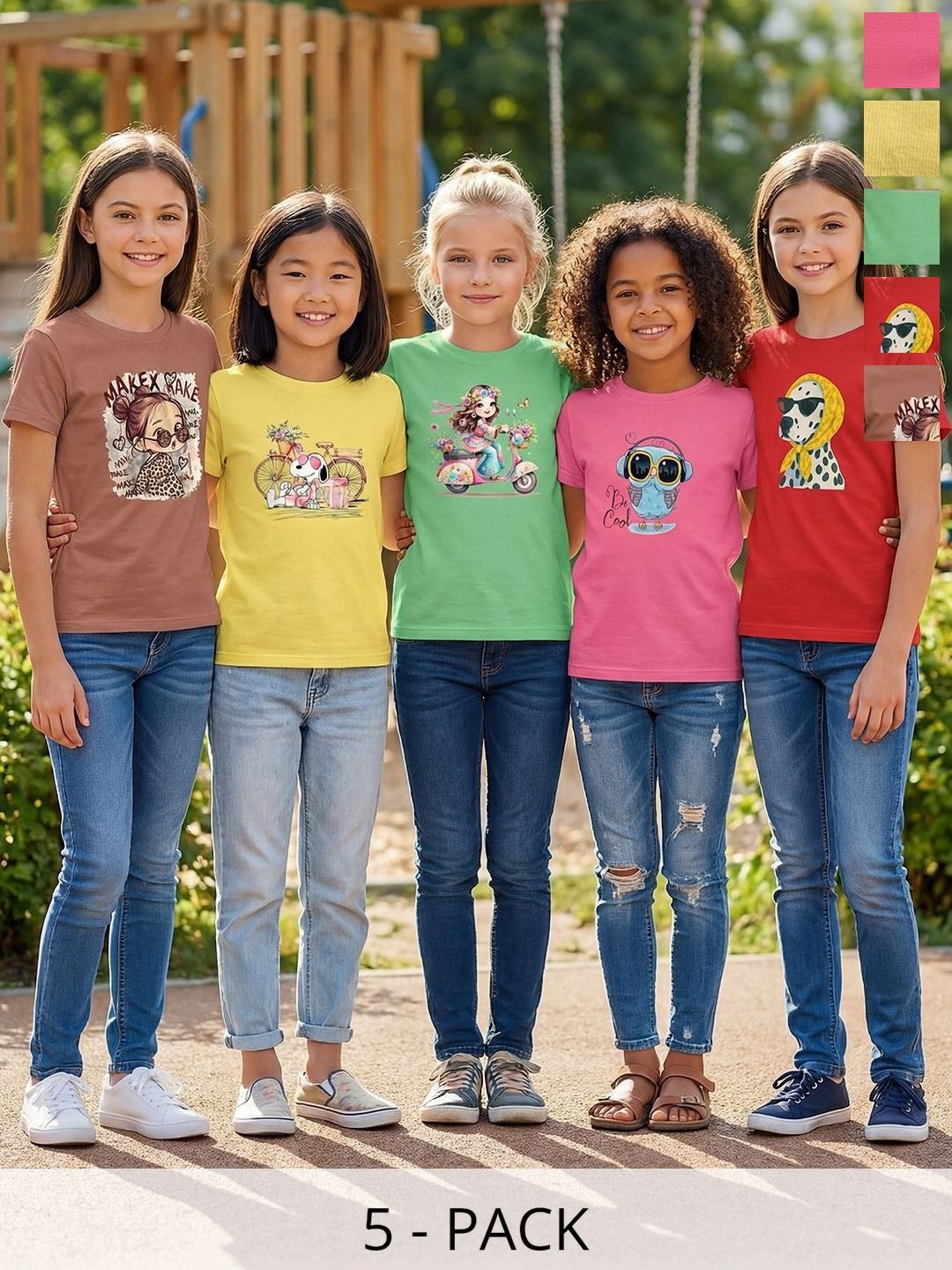 HELLCAT Girls Pack Of 5 Graphic Printed Round Neck Regular Fit T-shirts-picture-35