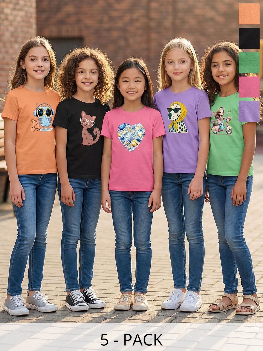 HELLCAT Girls Pack Of 5 Printed Round Neck Regular Fit T-shirt-image-45