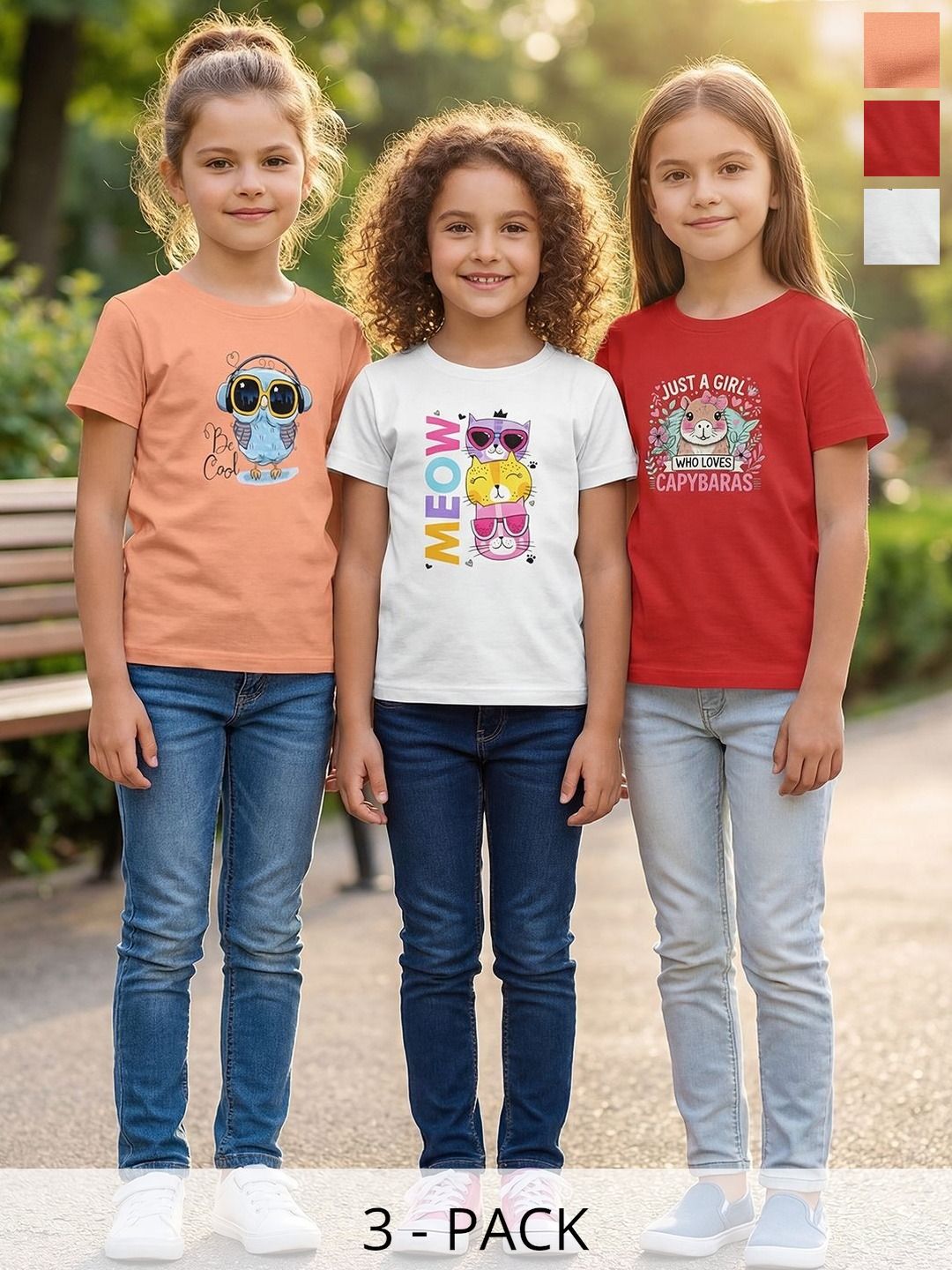 HELLCAT Girls Pack Of 3 Graphic Printed Round Neck Tshirts-image-22
