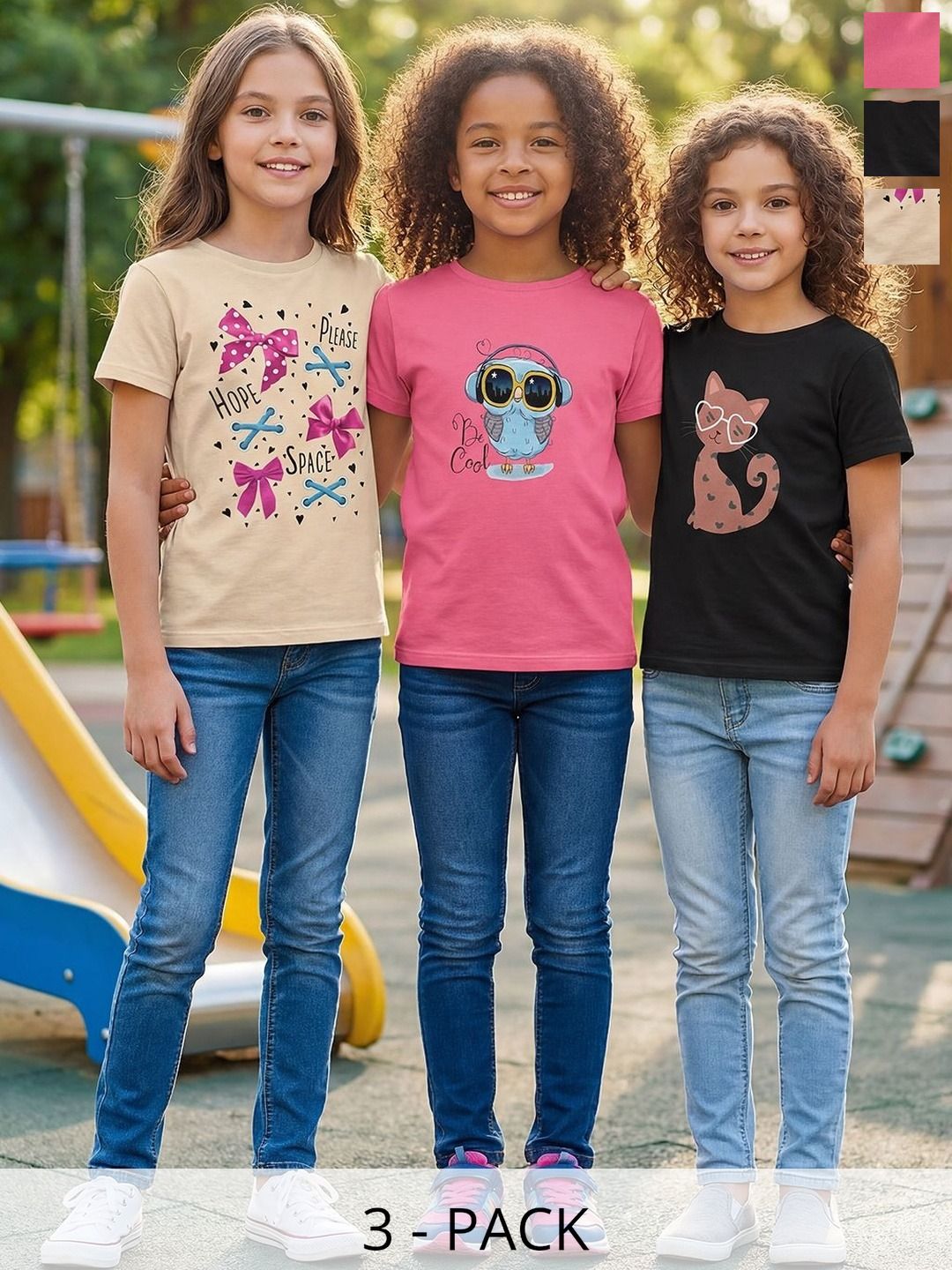 HELLCAT Girls Pack Of 3 Printed Round Neck Regular Fit T-shirt-picture-31