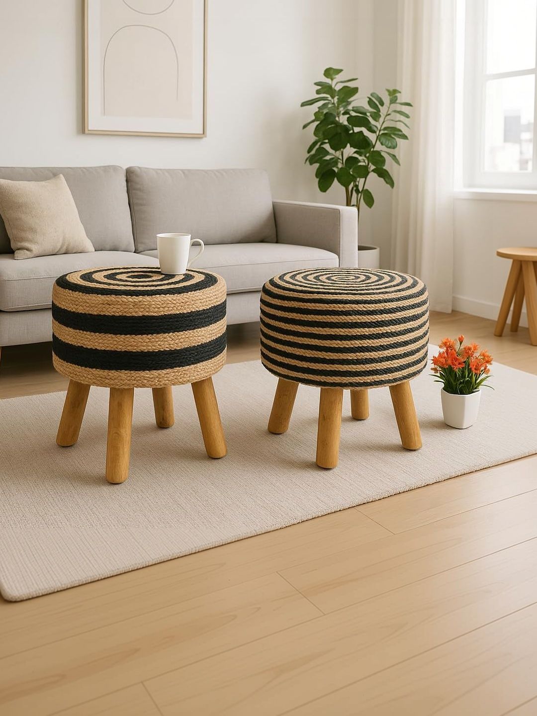 Shadowkart 2 Pieces Black and Cream-Colored Round Ottomans-picture-12