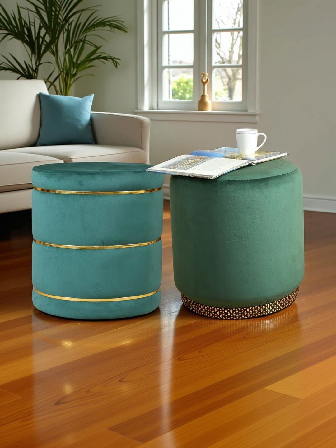Shadowkart 2 Pieces Green Round Ottomans-picture-33