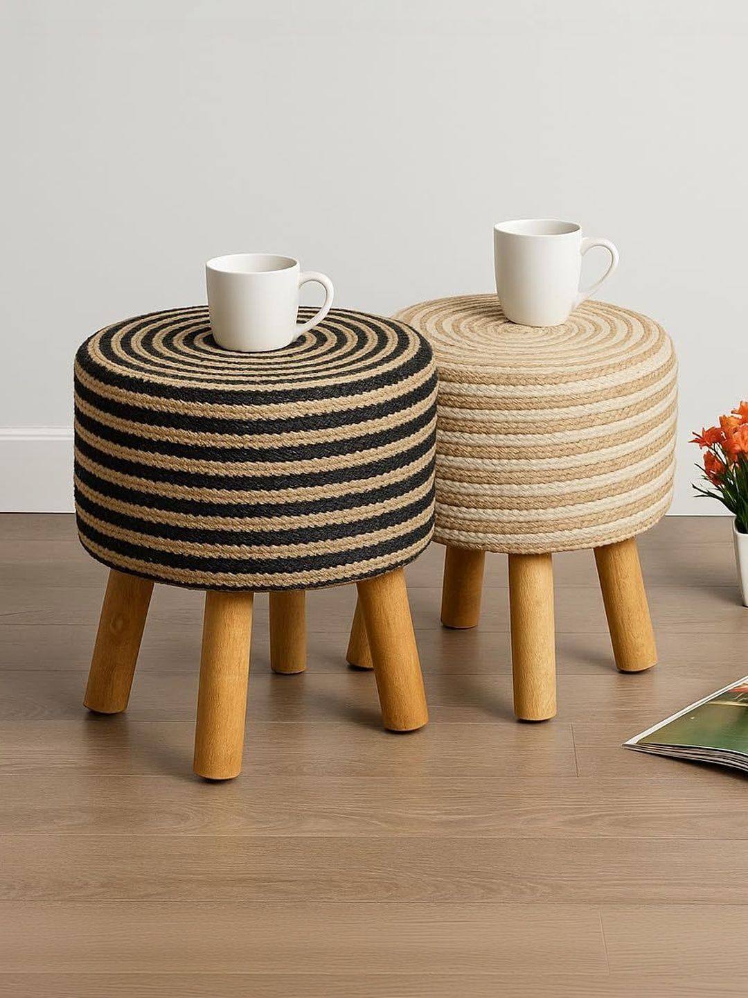 Shadowkart 2 Pieces Black and Beige Round Ottomans-picture-10