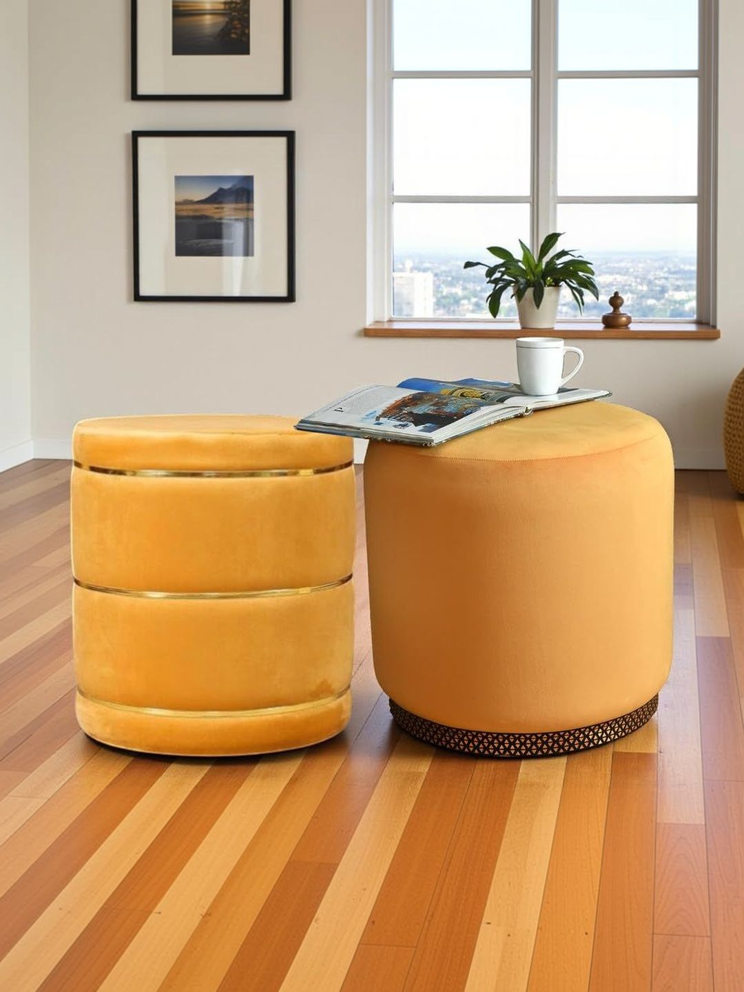 Shadowkart 2 Pieces Yellow Round Velvet Ottomans-picture-15