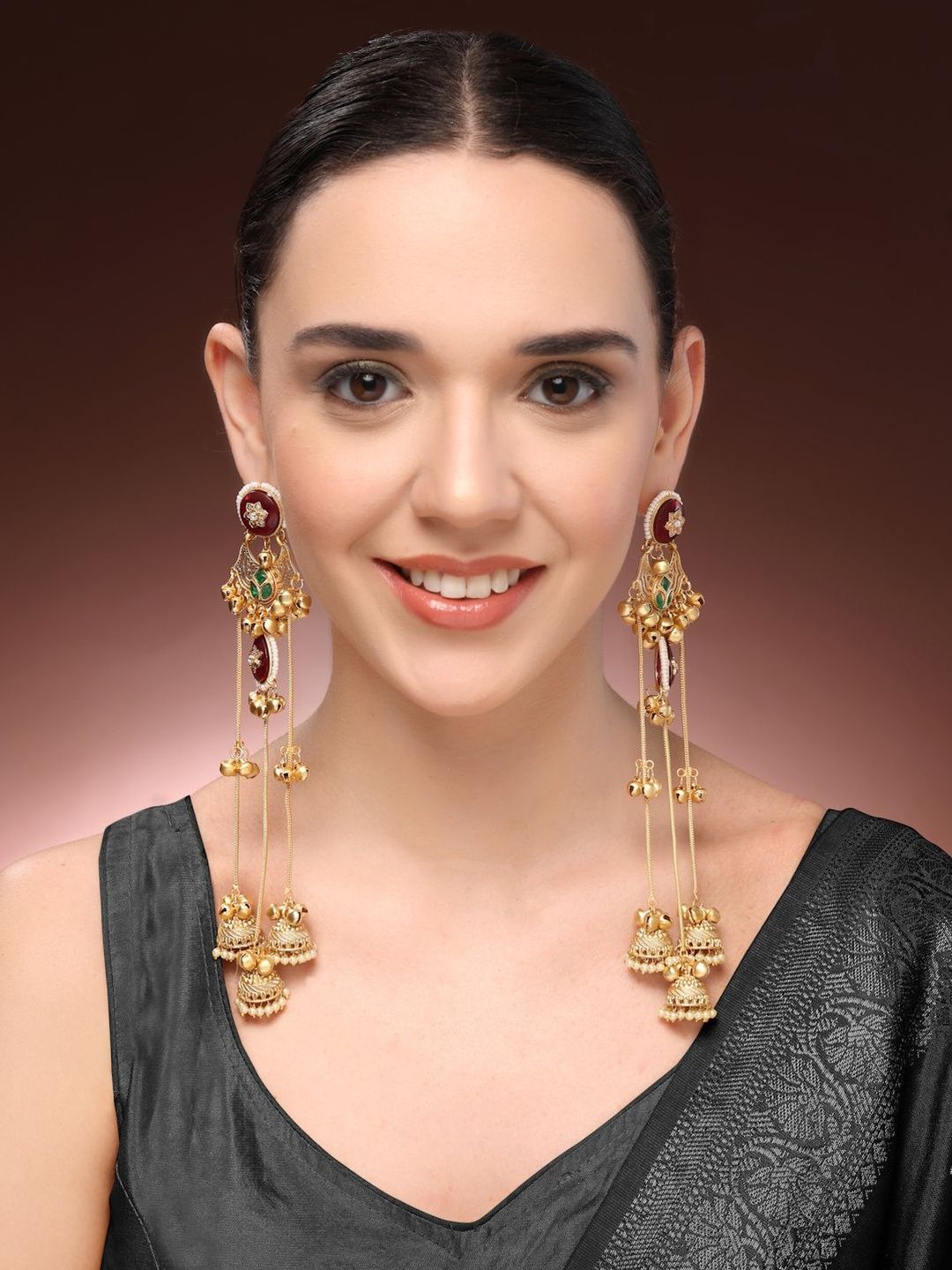 OZ Jewels Gold-Plated Red Stone Studded Ghungroo Long Tassel Jhumka Kashmiri Earrings-picture-6