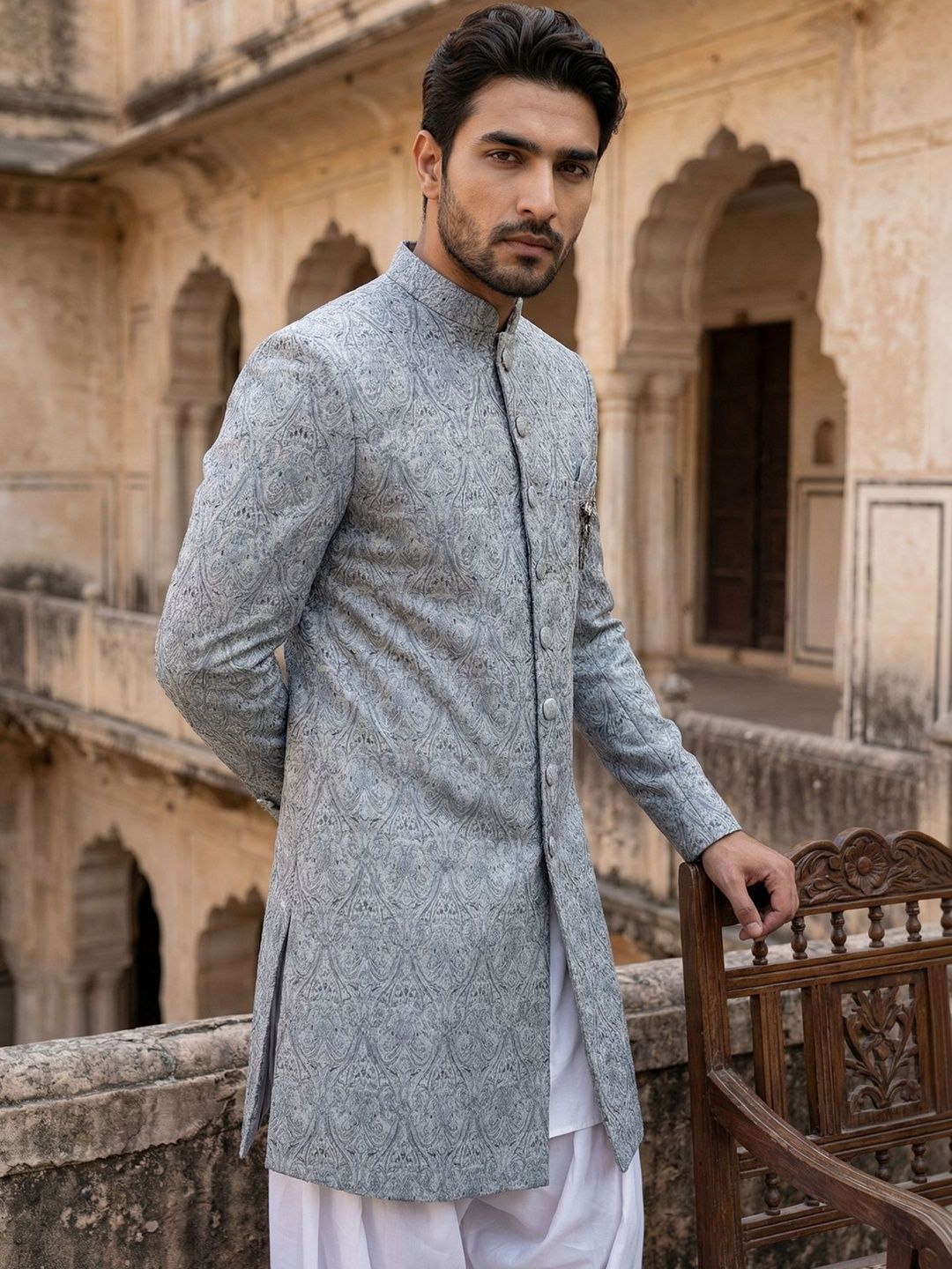 Jompers Self Design Mandarin Collar Sherwani-picture-34