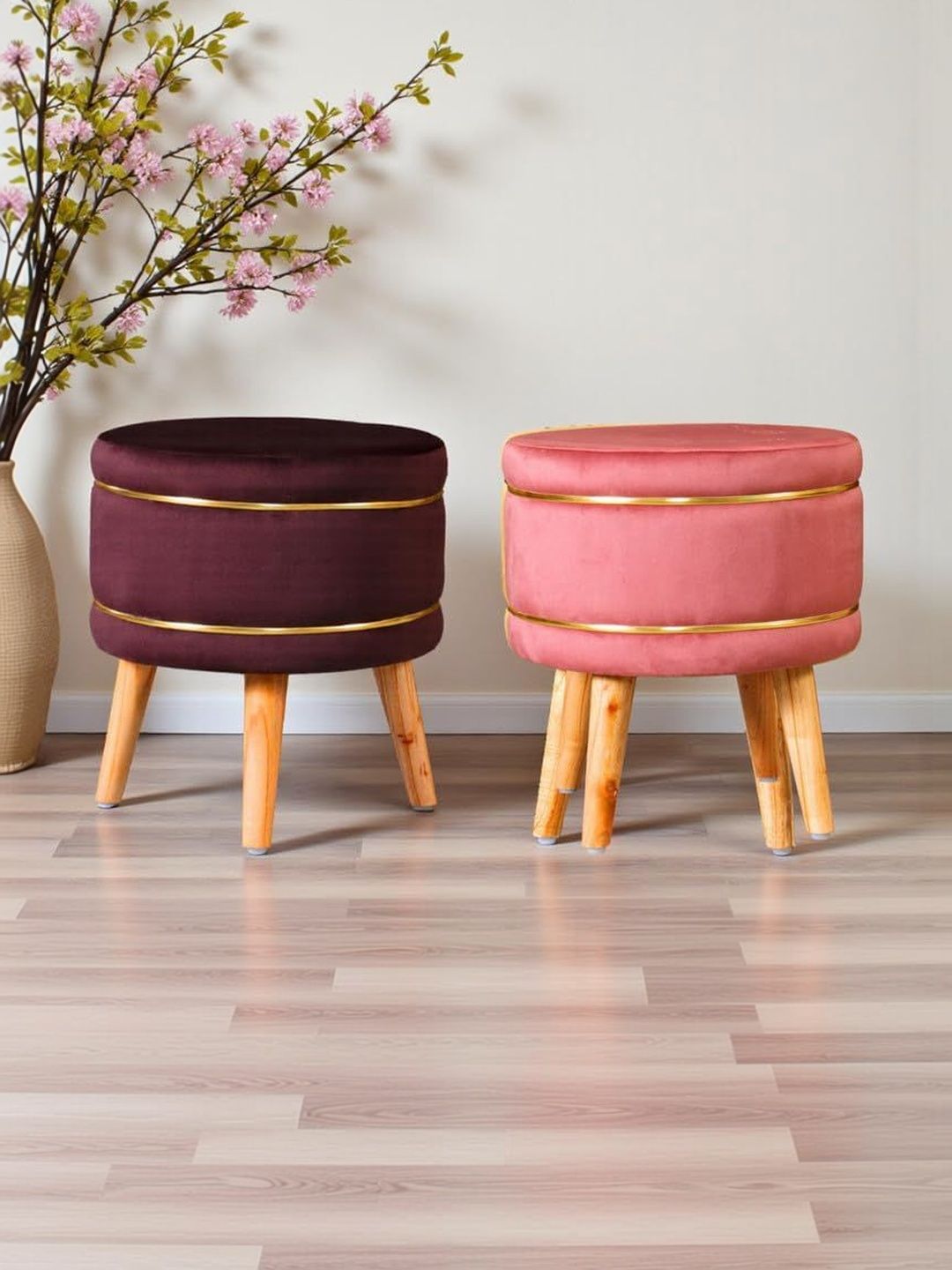 Shadowkart 2 Pieces Coffee Brown and Pink Round Ottomans-picture-34