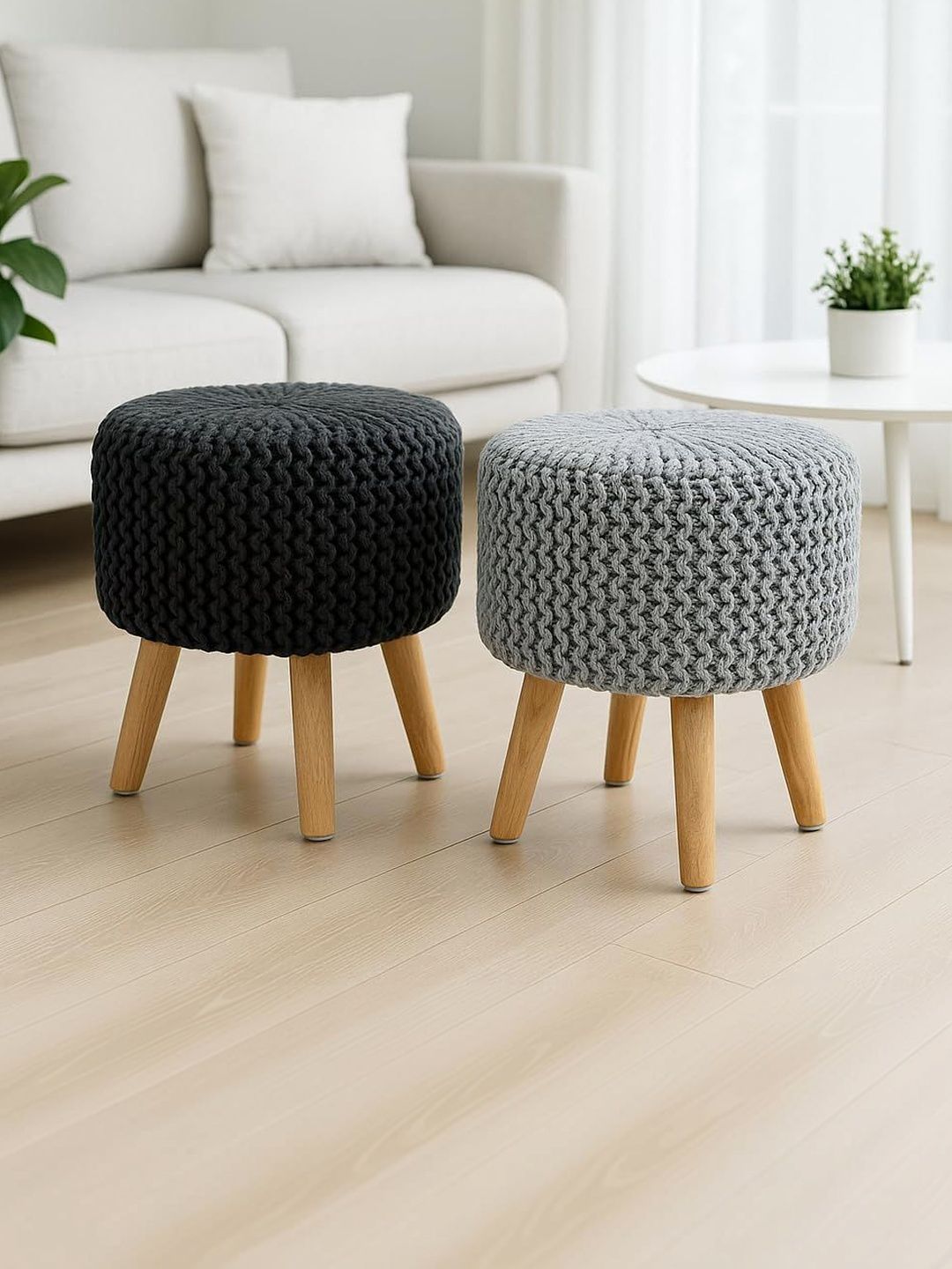Shadowkart 2 Pieces Grey and Black Round Ottomans-picture-36