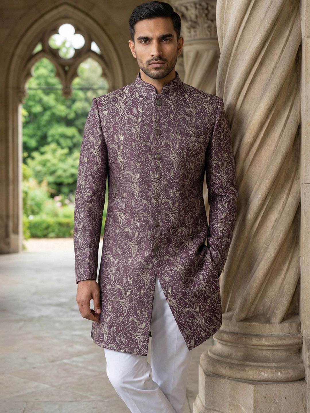 Jompers Self Design Mandarin Collar Sherwani-image-7