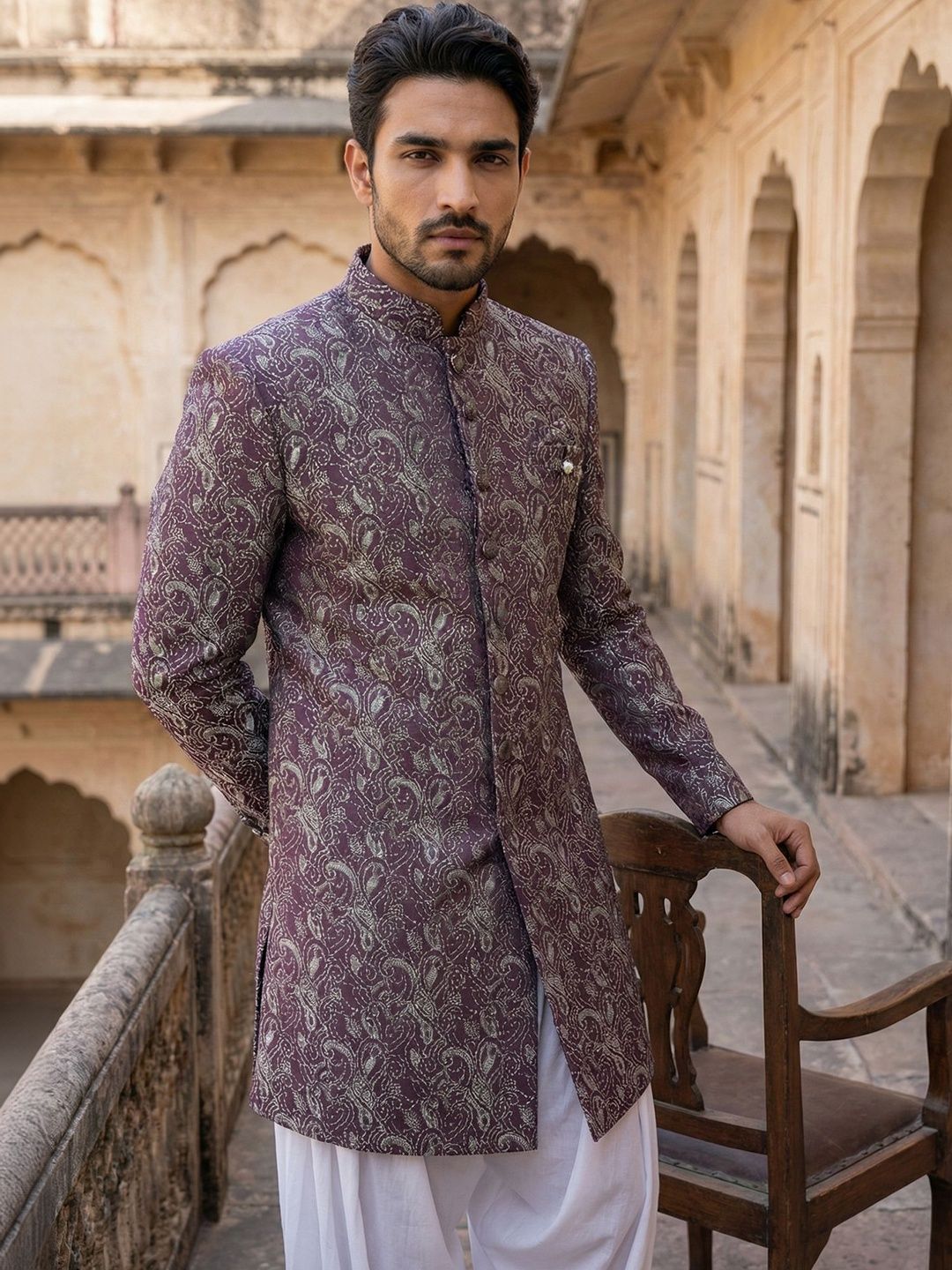 Jompers Self Design Mandarin Collar Sherwani-picture-36