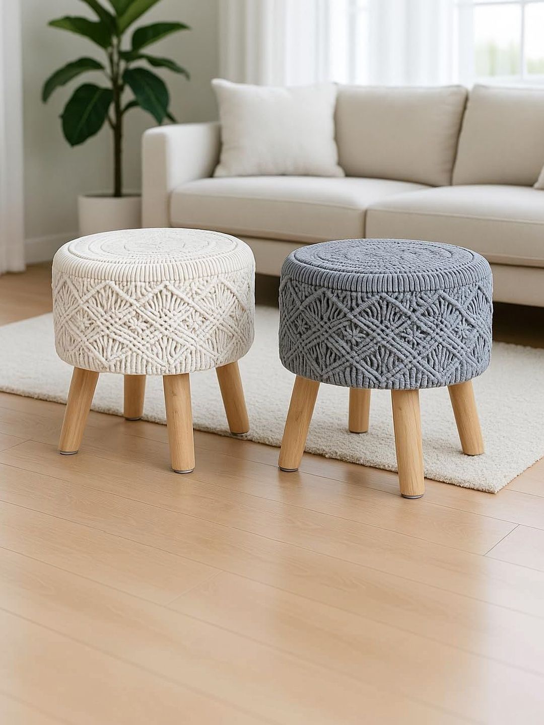 Shadowkart 2 Pieces Grey and White Round Ottomans-picture-33
