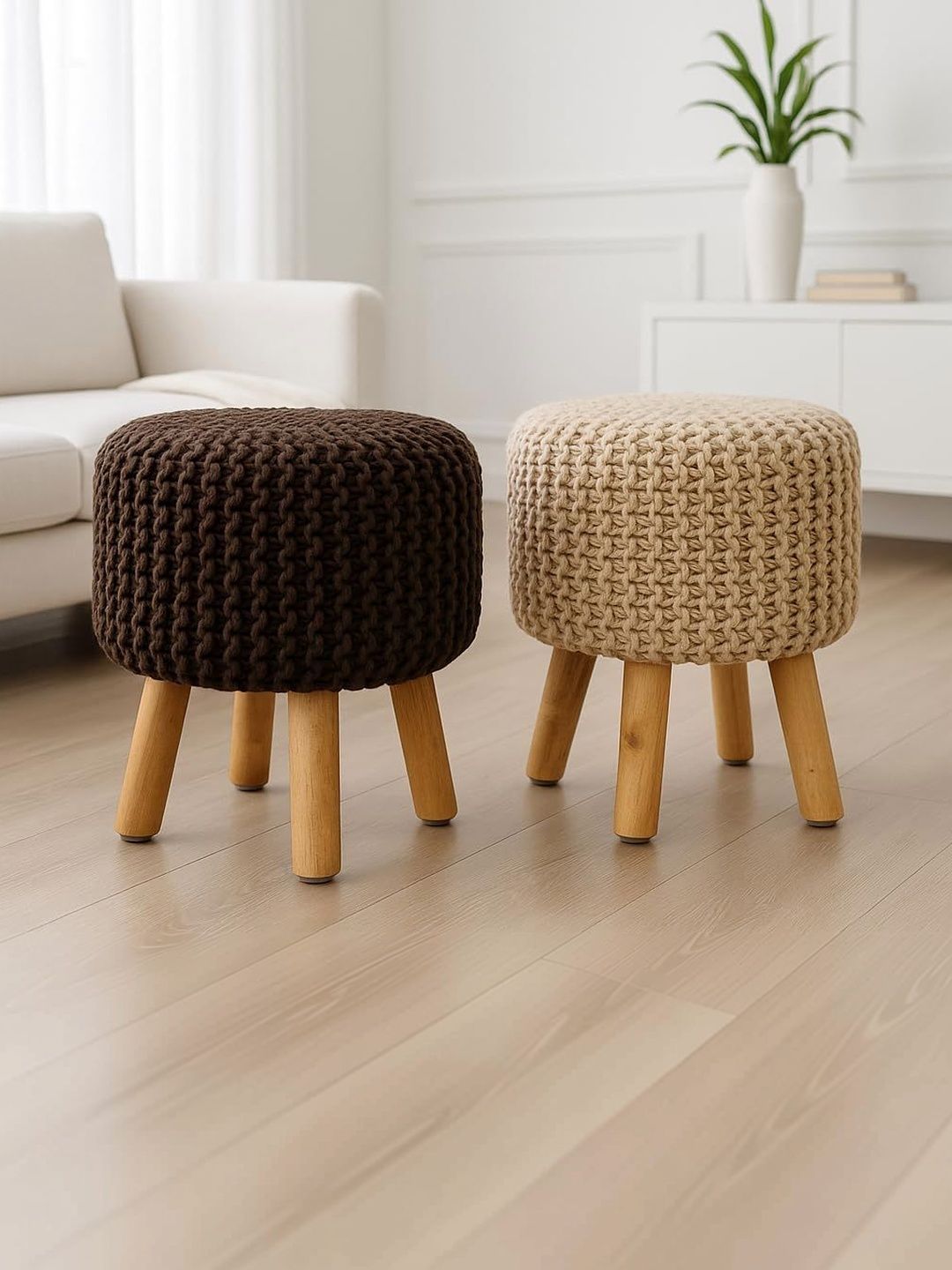 Shadowkart 2 Pieces Beige and Brown Round Ottomans-picture-13