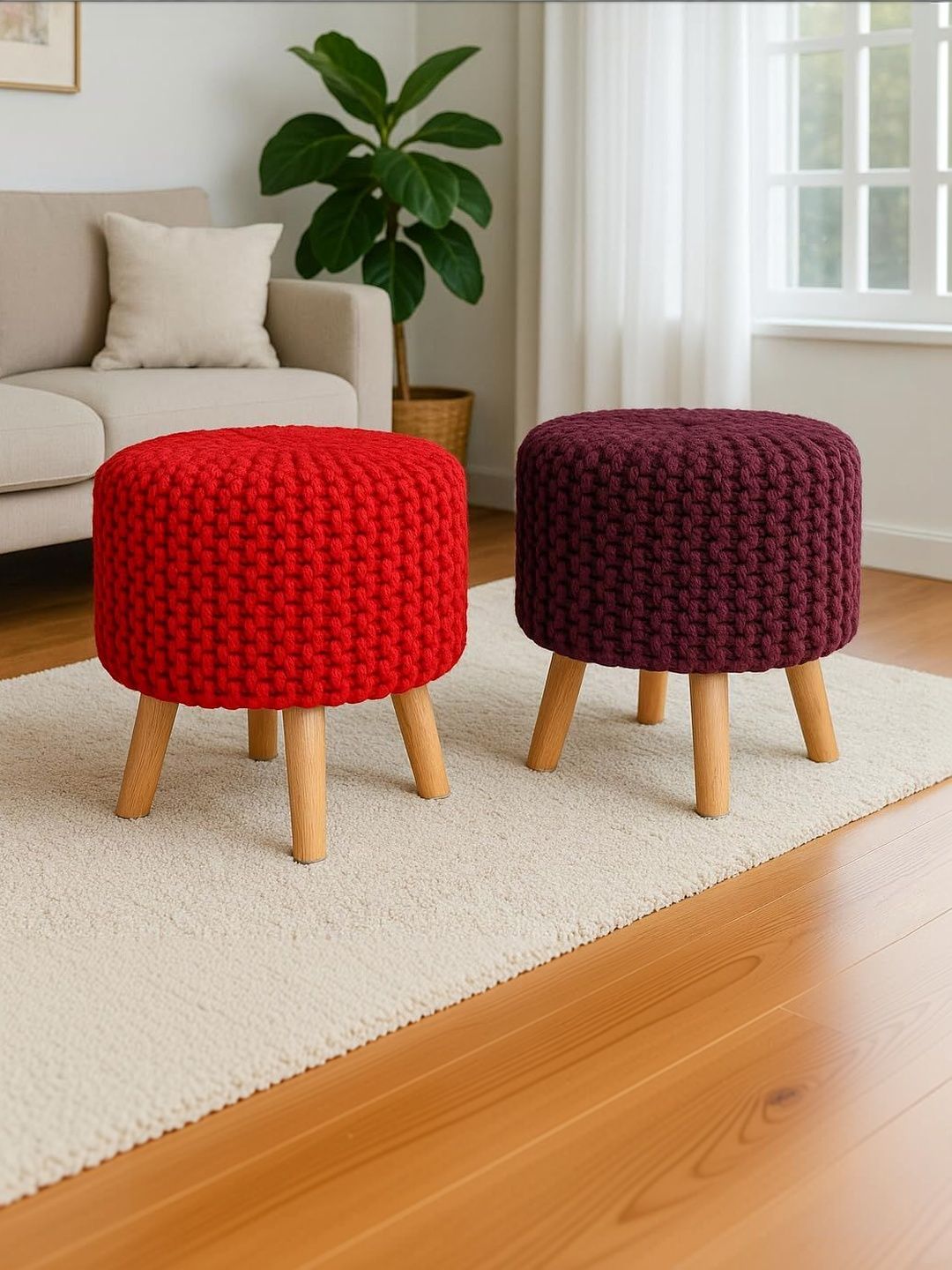 Shadowkart 2 Pieces Red and Maroon Round Ottomans-image-1