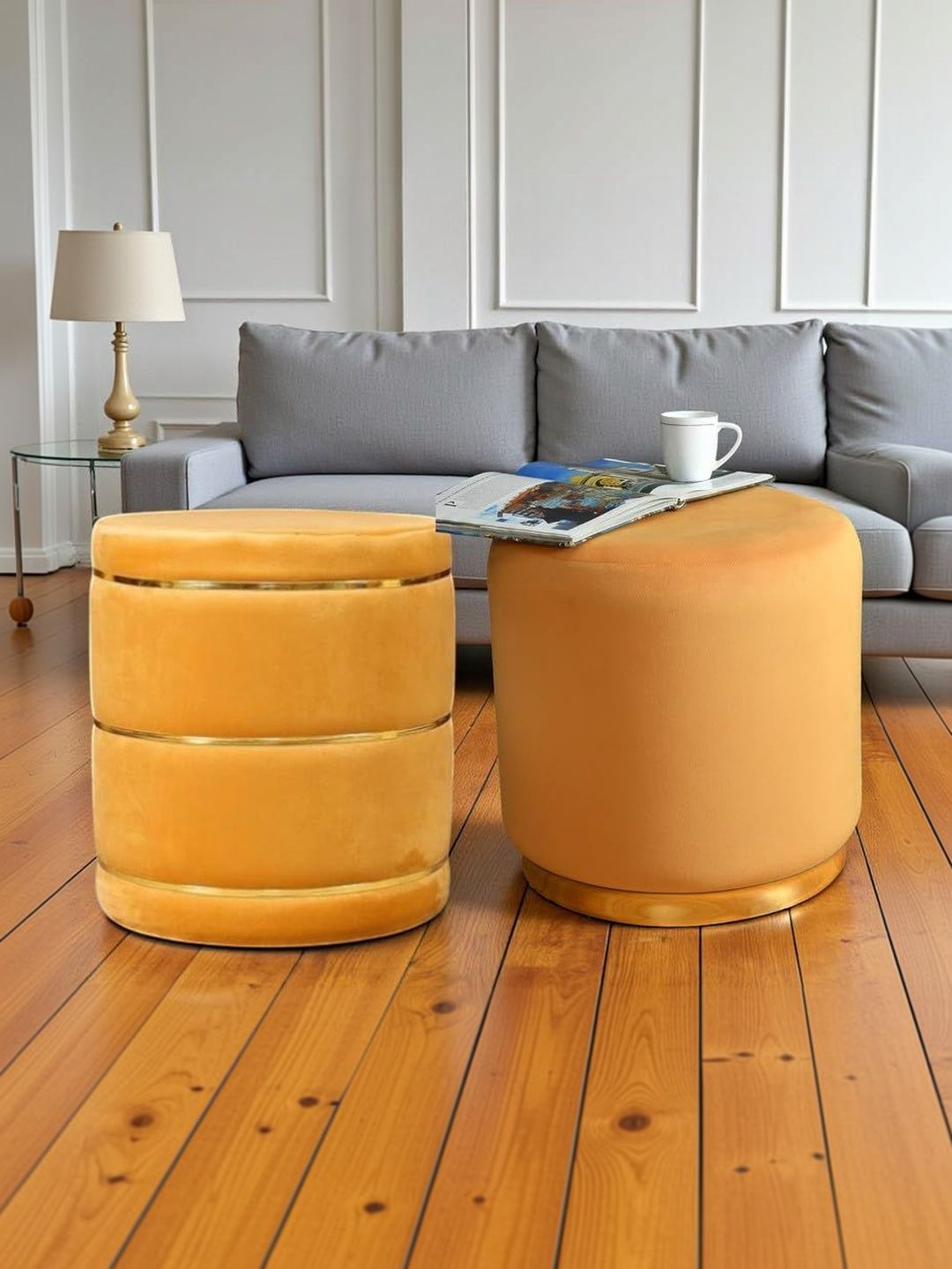 Shadowkart 2 Pieces Yellow Round Ottomans-image-10