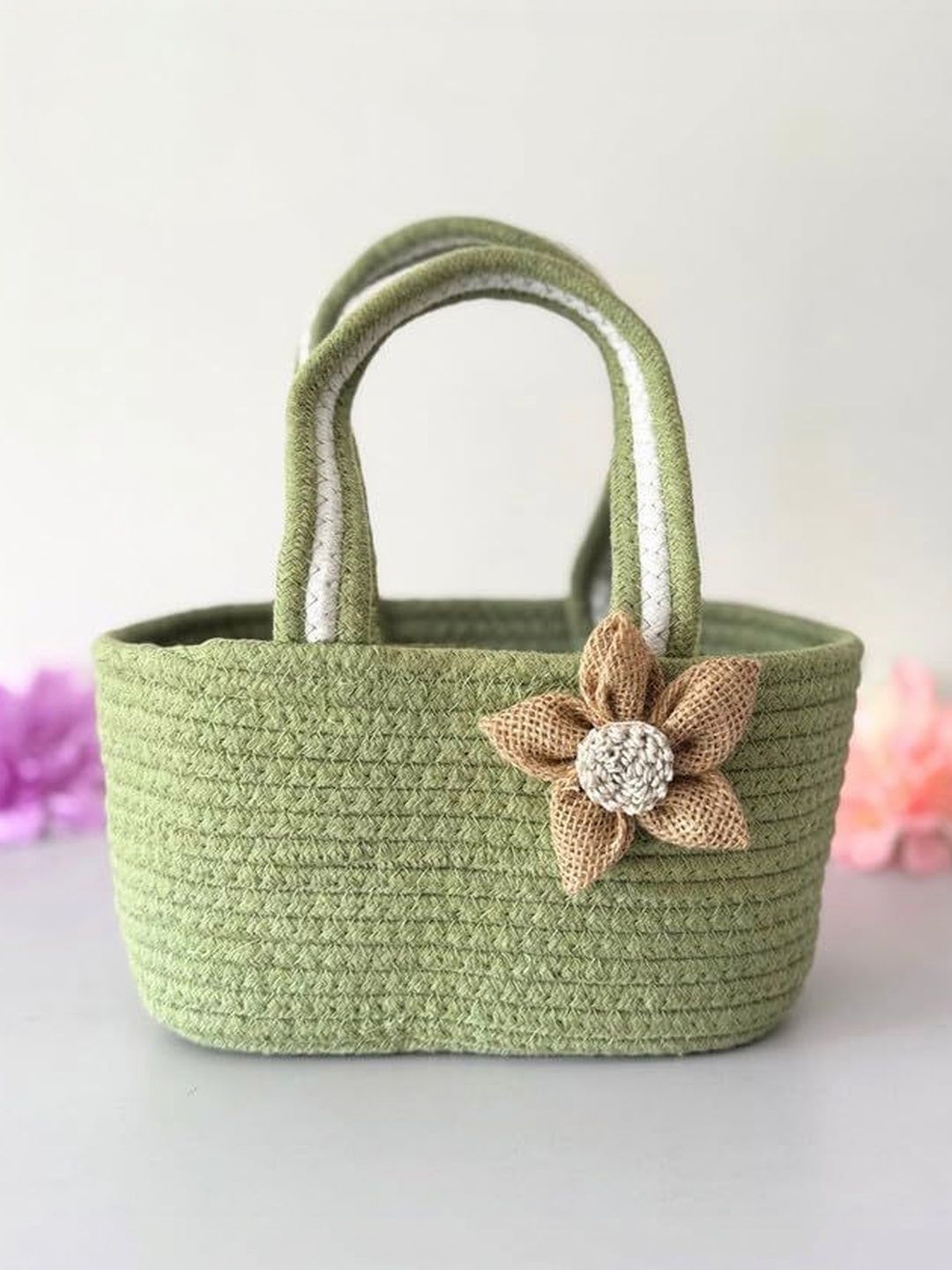 JASMEY HOMES 2Pcs Green & Beige Textured Cotton Hamper Basket Storage Sets For Family-image-18