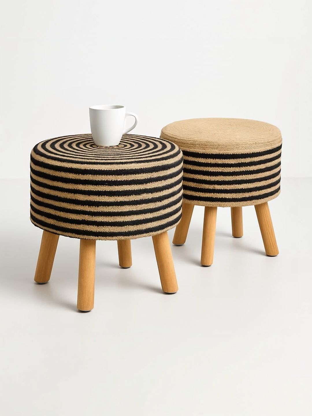 Shadowkart 2 Pieces Black and Beige Round Ottomans-picture-11