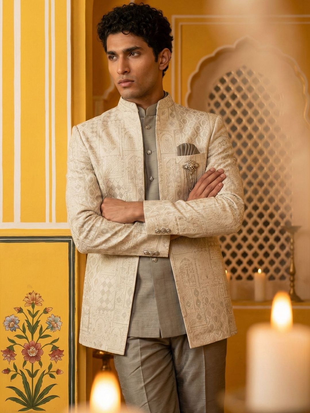 Jompers Self Design Mandarin Collar Sherwani-picture-10
