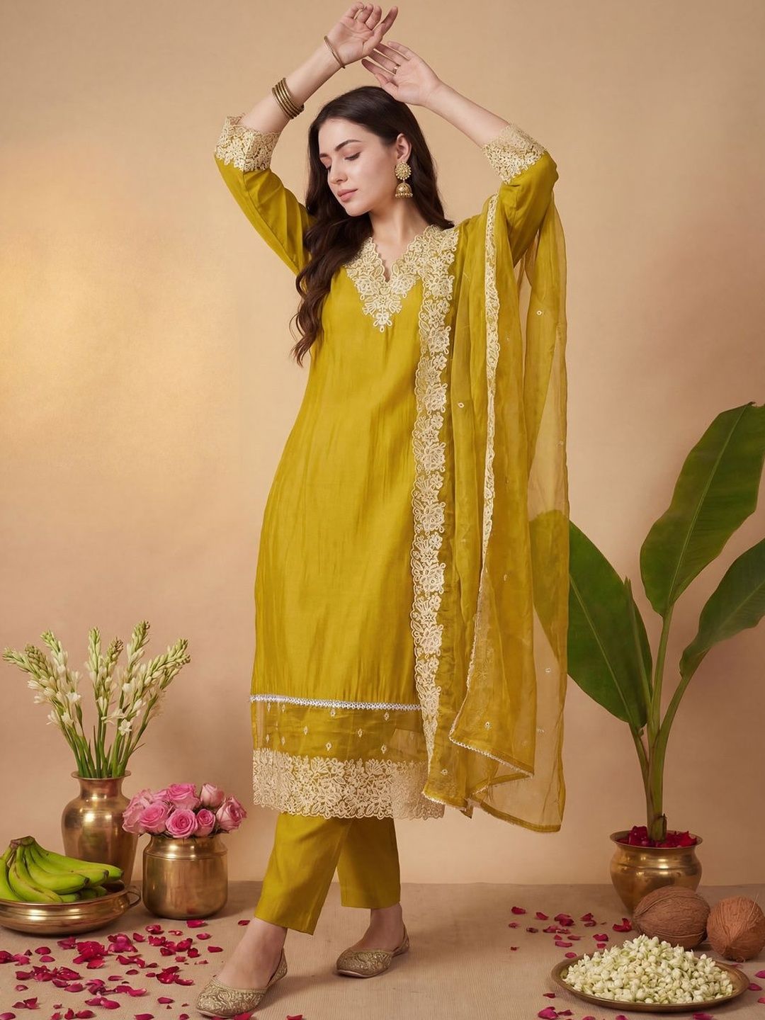 Indo Era Women Floral Embroidered Regular Thread Work Kurta with Trousers & With Dupatta-picture-18