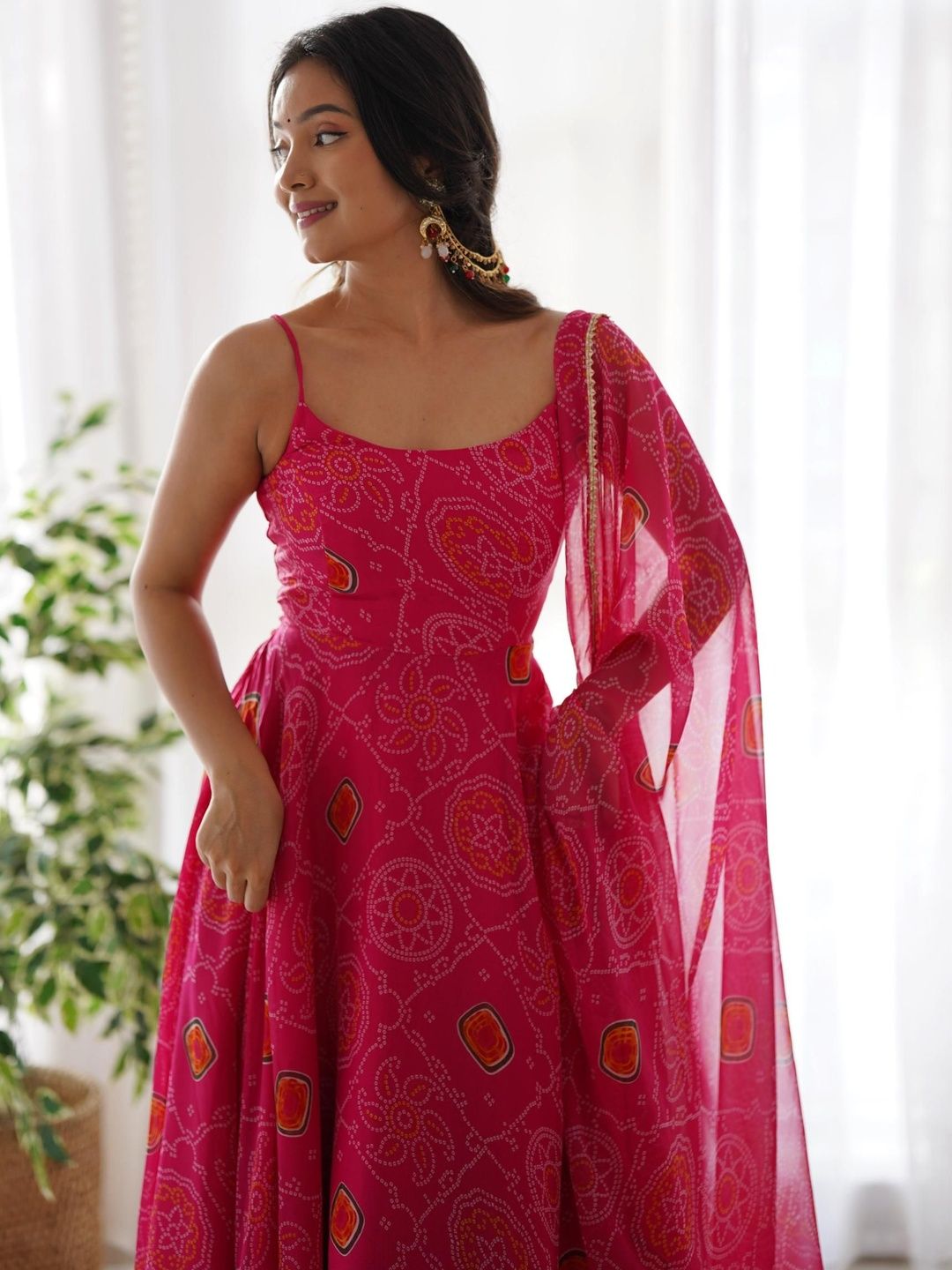 HERE&NOW Women Bandhani Printed Pleated Silk Chiffon Kurta with Trousers & With Dupatta-image-34