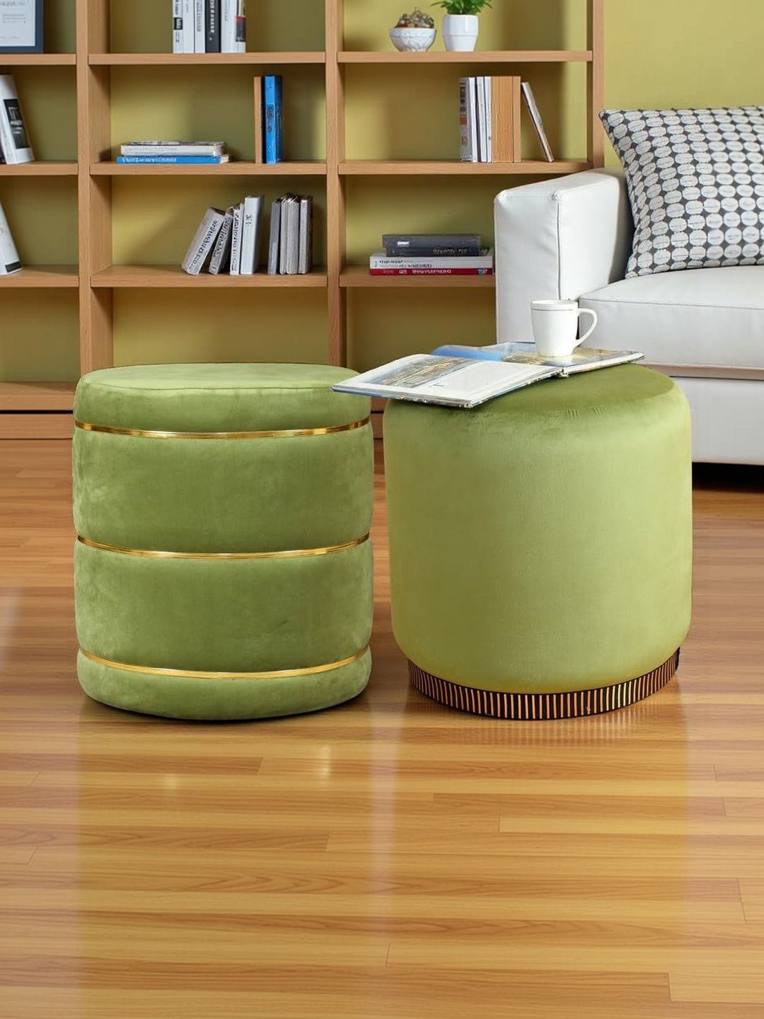 Shadowkart 2 Pieces Green Round Velvet Ottomans-picture-10