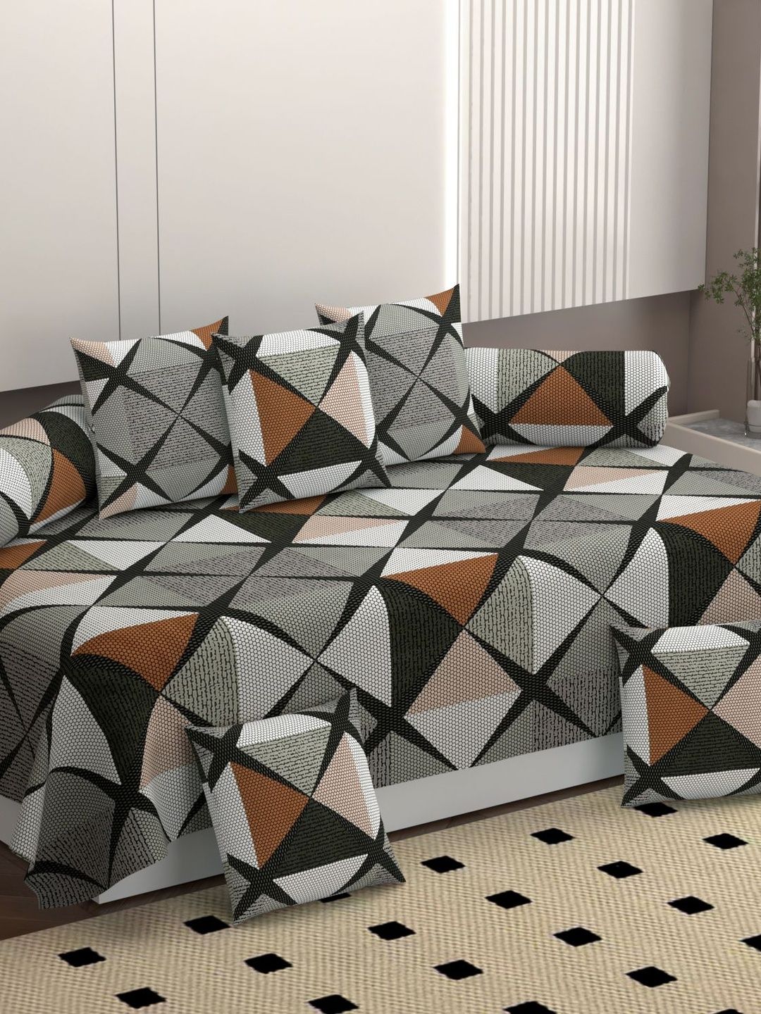 Bromwick 8 Pieces Black Checked Cotton Diwan Set-picture-58