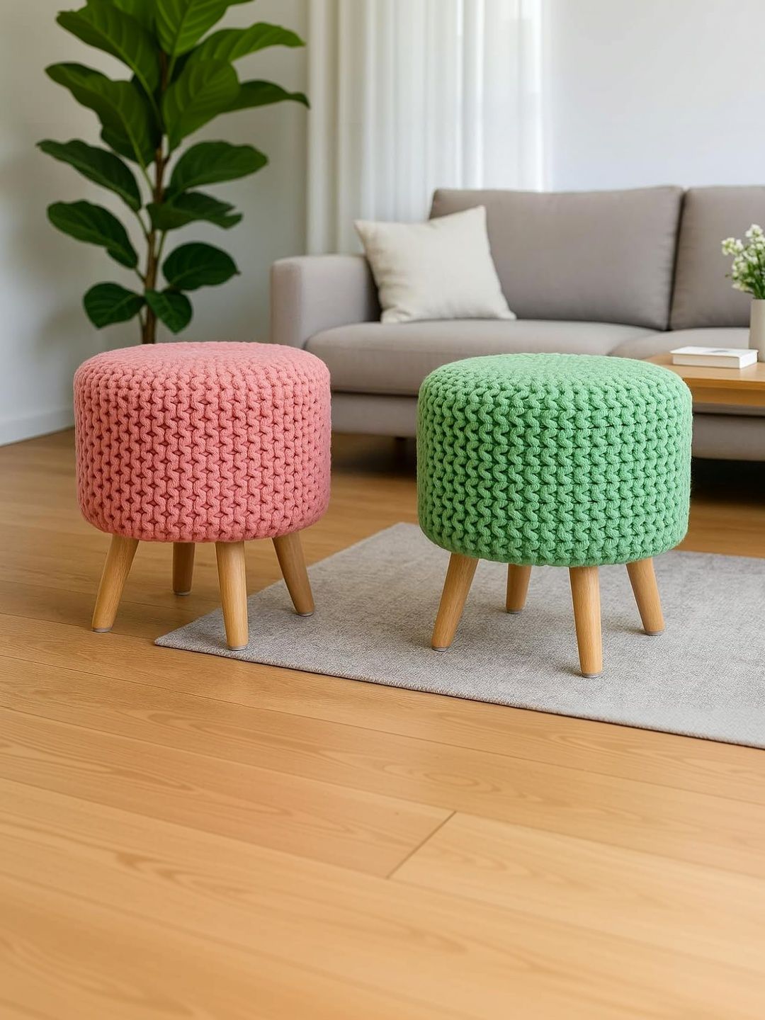 Shadowkart 2 Pieces Green and Pink Round Ottomans-picture-32