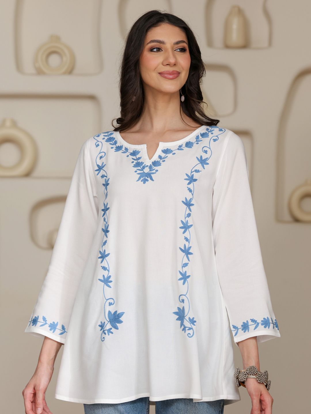 QAZMI Women Kashmiri Aari Embroidered A-Line Short Kurti with Full Sleeves-picture-51