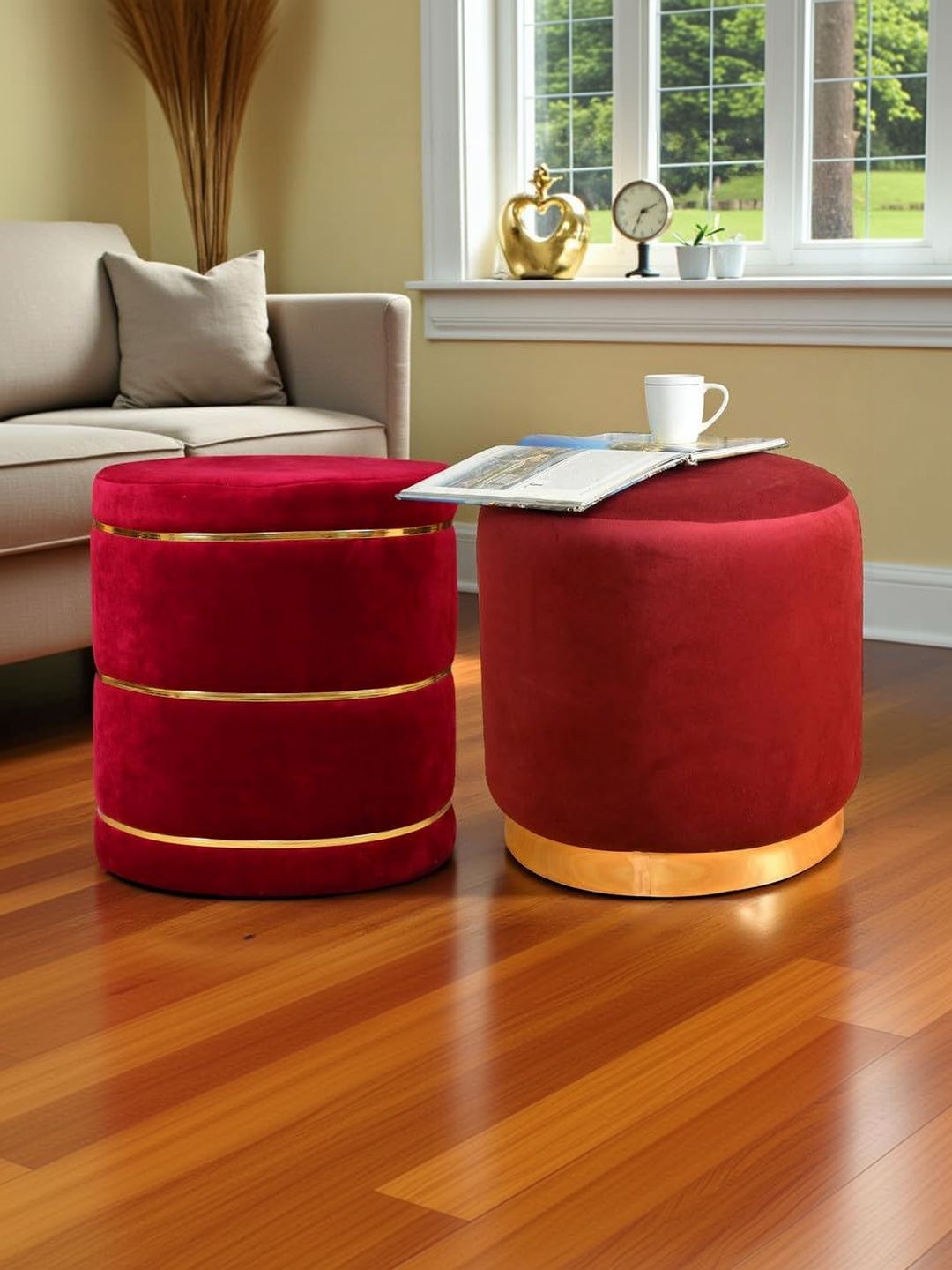 Shadowkart 2 Pieces Maroon Round Velvet Ottomans-image-40