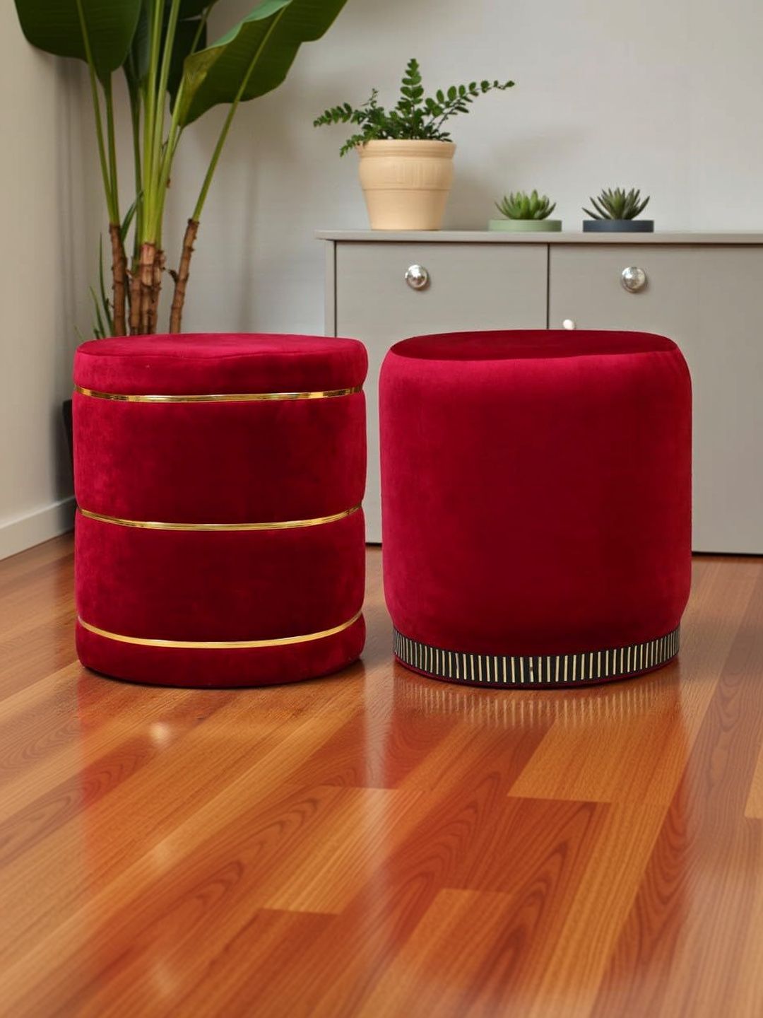 Shadowkart 2 Pieces Maroon Round Ottomans-image-21