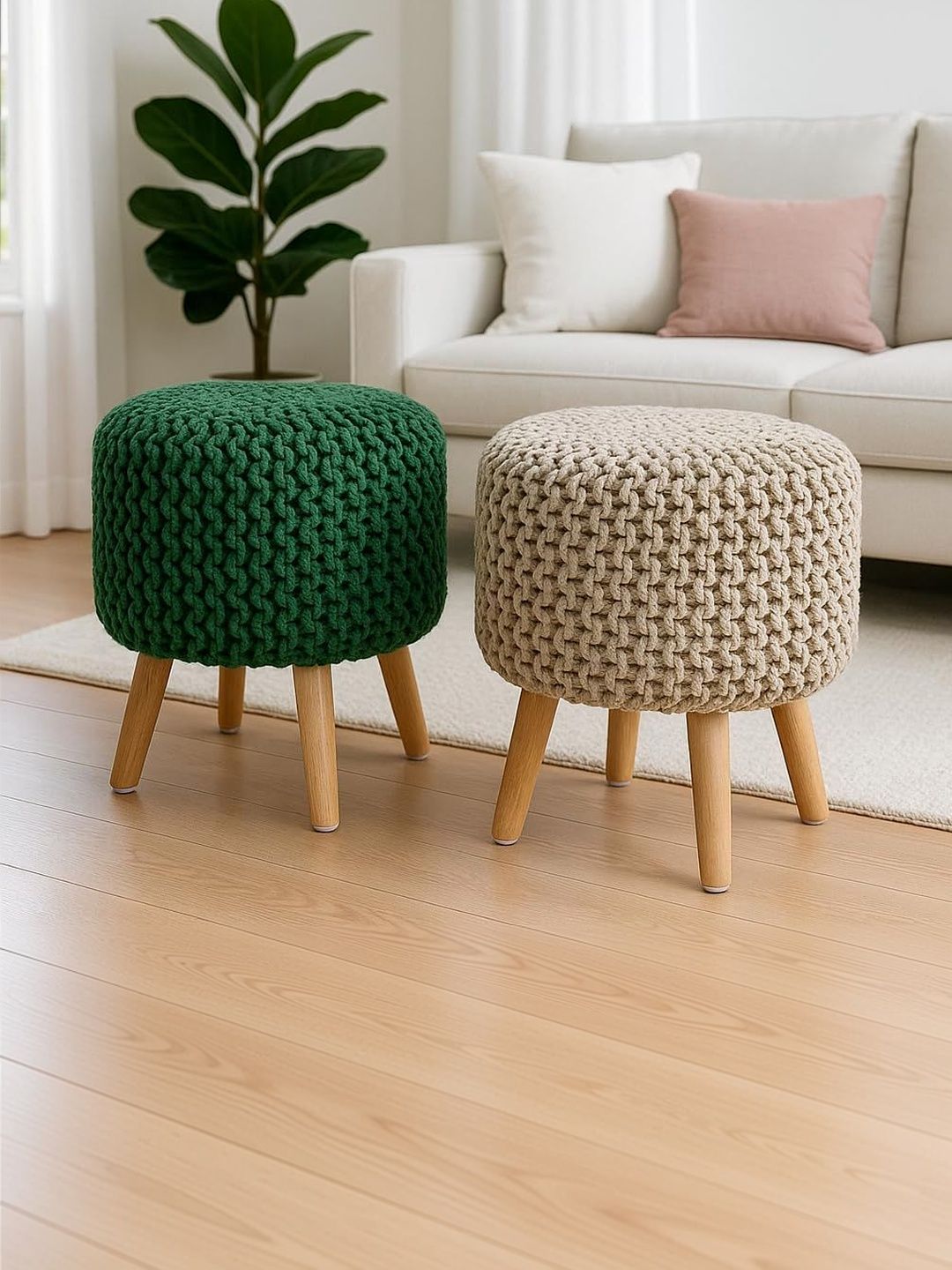 Shadowkart 2 Pieces Green and Beige Round Ottomans-picture-18