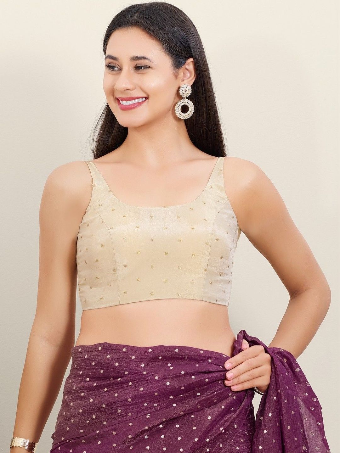 VAMAS - THE DESIGNER BLOUSES Cream Tissue Sleeveless Padded Back Open Readymade Blouse-image-35