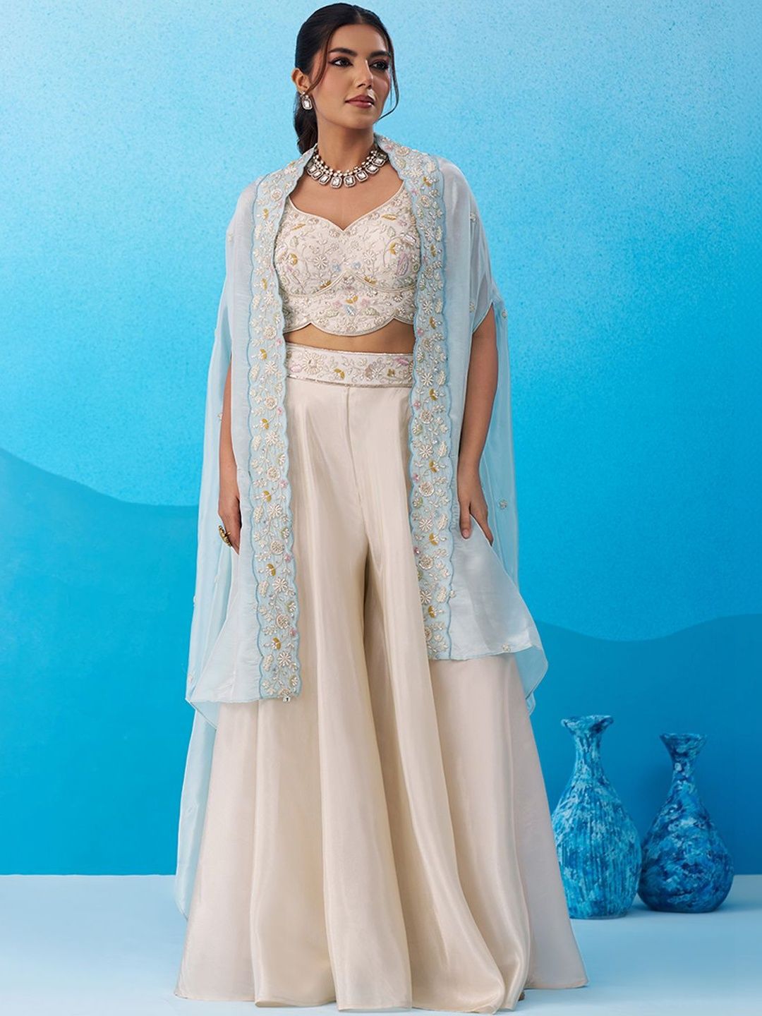 panchhi Floral Embroidered Top With Palazzos & Shrug-image-44
