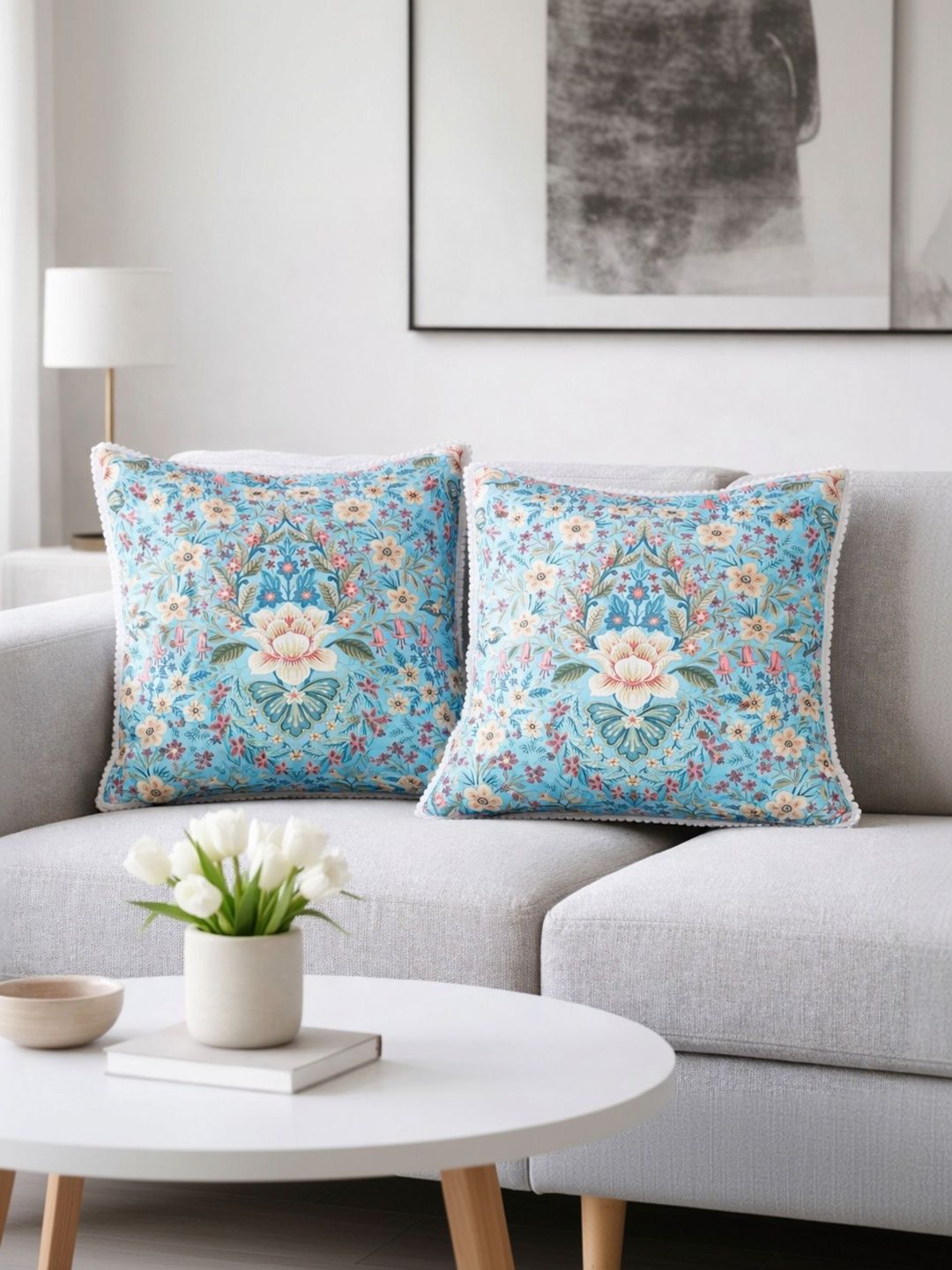 YELLOW MUSLIN Blue Set of 2 Floral Velvet Square Cushion Covers-image-22