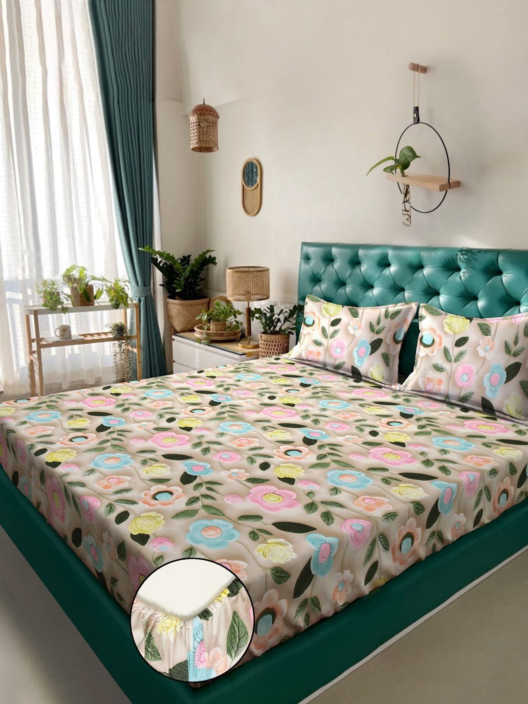 KLOTTHE Beige Floral Printed 300 TC King Bedsheets-image-13