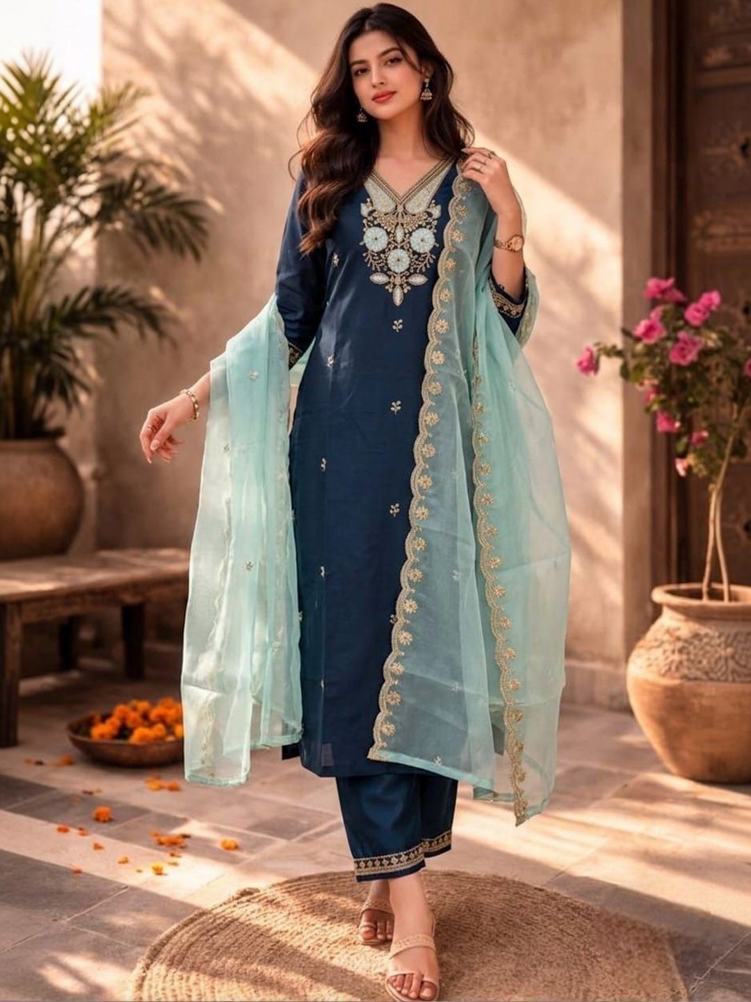 TIBAKKDI Women Embroidered Regular Sequinned Kurti with Trousers & With Dupatta-image-24