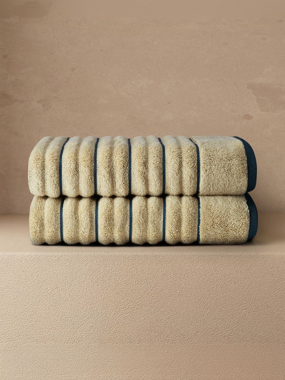 SPACES 2 Pieces Beige Striped 575 GSM Pure Cotton Hand Towels-image-48